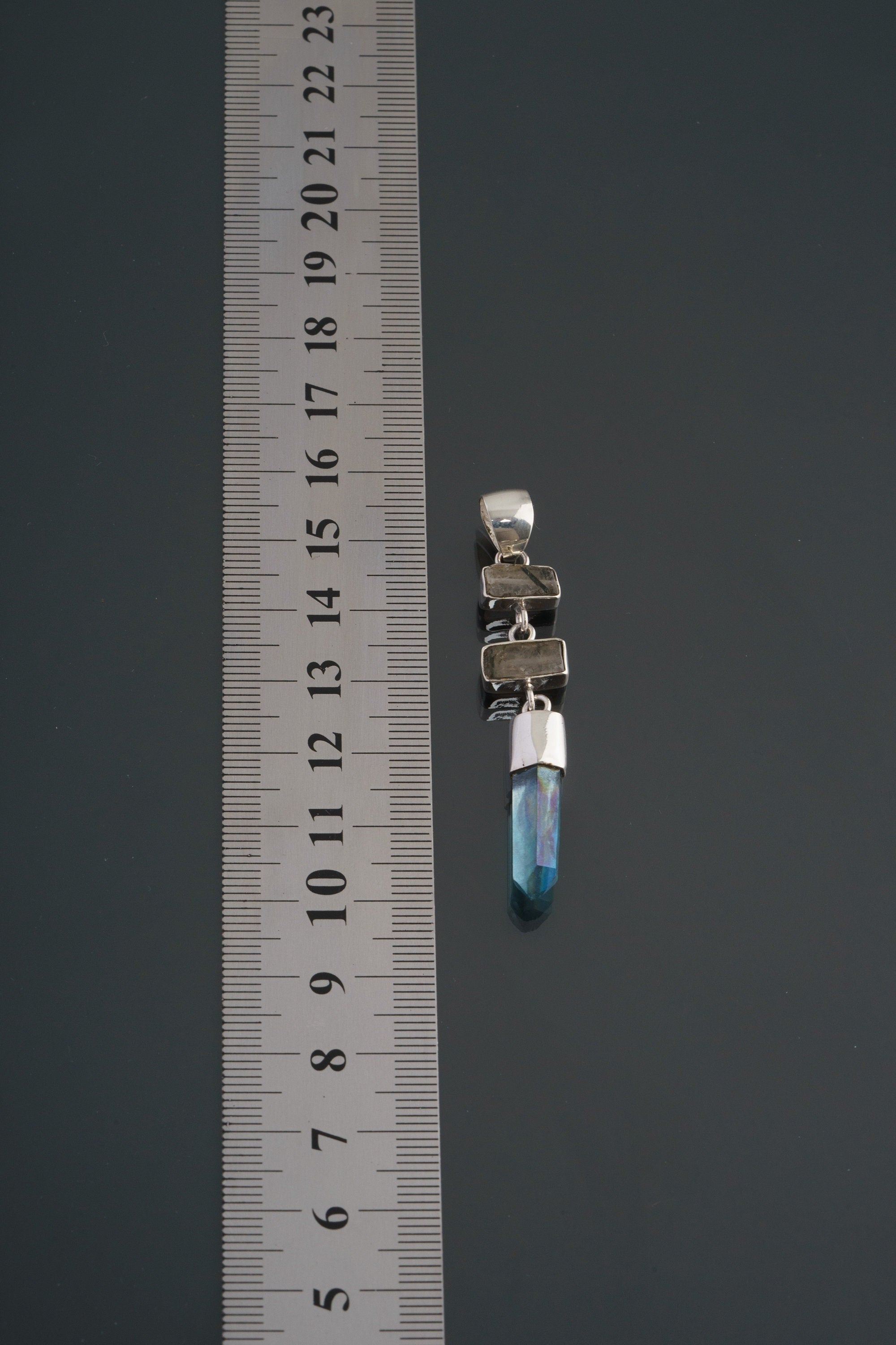 Limited Edition Black Rutile Quartz & Lemurian Aqua Aura Point Pendant, High Shine Sterling Silver, Third Eye Chakra, Unique Gift - NO/2