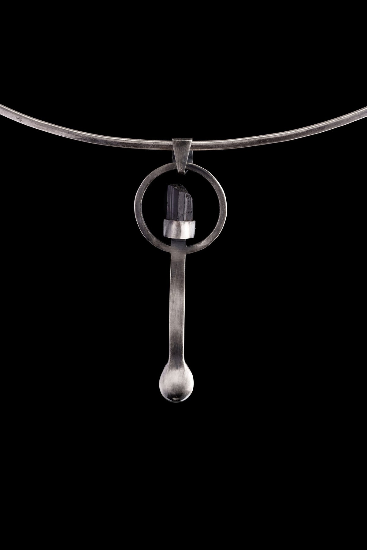 Black Tourmaline - Small Spice / Ceremonial Spoon - Solid 925 Cast Silver - Oxidised Brush Textured - Crystal Pendant Necklace