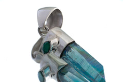 Aqua Aura Quartz & Eye Shape Faceted Natural Emerald - High Shine Sterling Silver Crystal Pendant NO/5