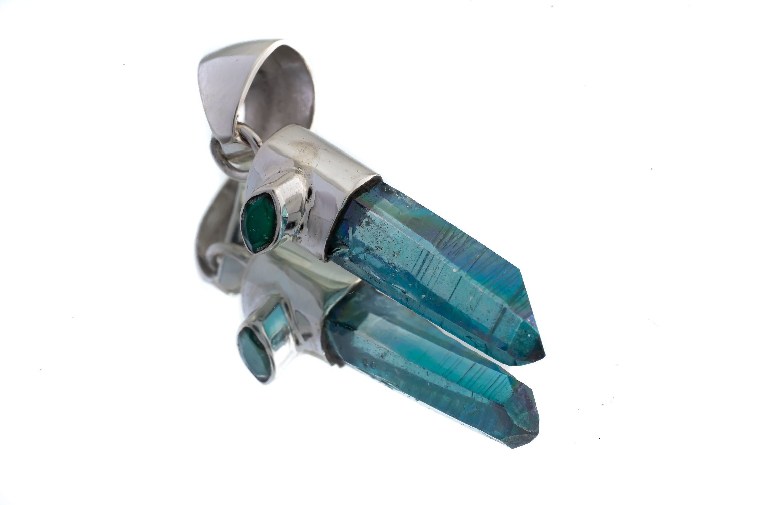 Aqua Aura Quartz & Eye Shape Faceted Natural Emerald - High Shine Sterling Silver Crystal Pendant NO/5