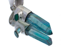 Aqua Aura Quartz & Eye Shape Faceted Natural Emerald - High Shine Sterling Silver Crystal Pendant NO/5