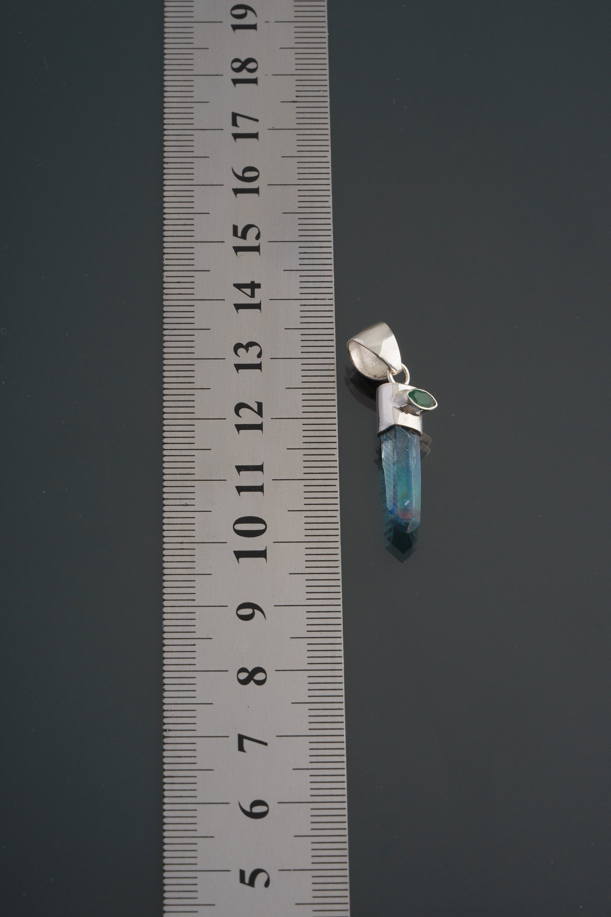 Aqua Aura Quartz & Eye Shape Faceted Natural Emerald - High Shine Sterling Silver Crystal Pendant NO/5