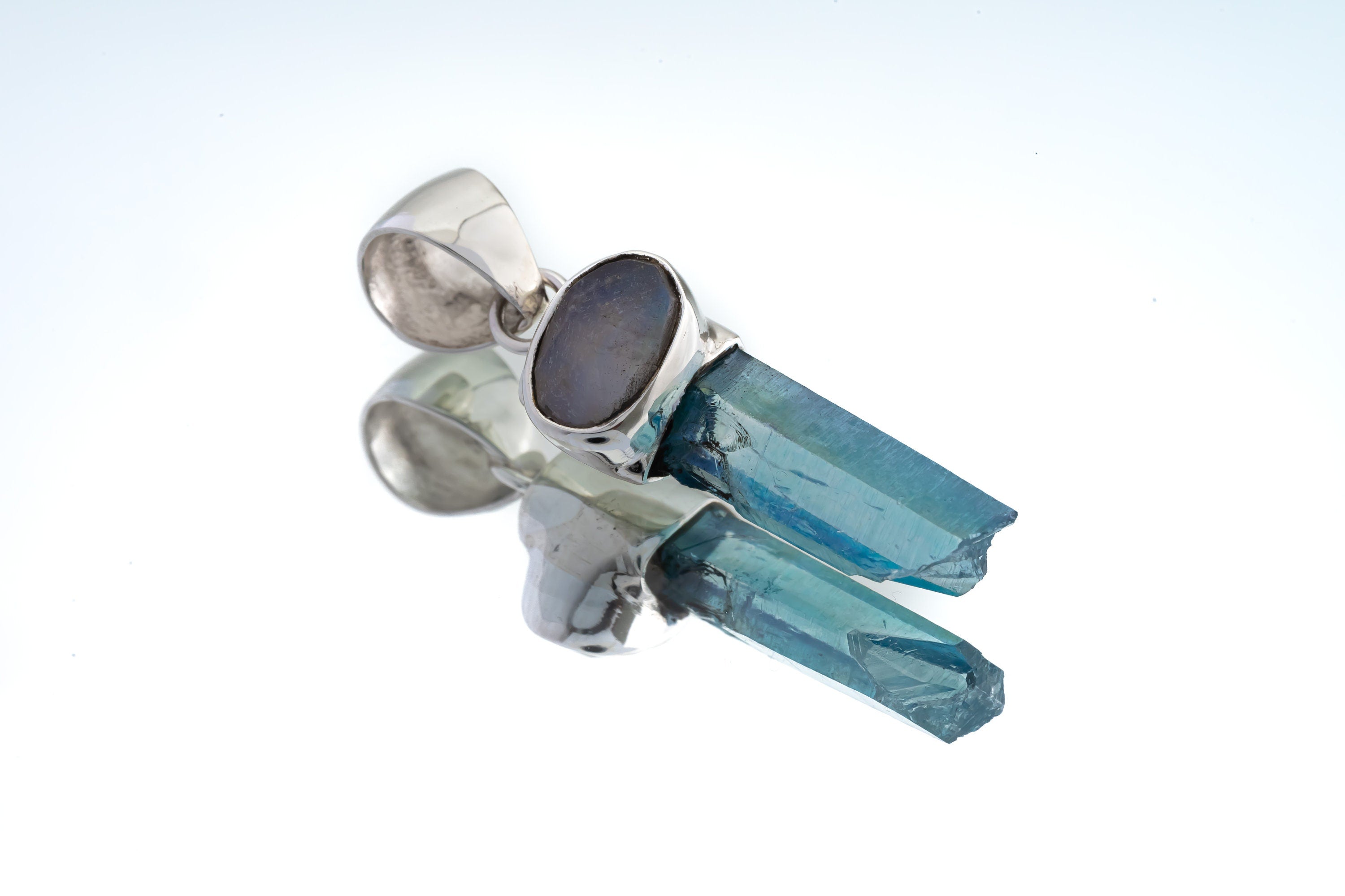 Aqua Aura Quartz & Moonstone - High Shine Sterling Silver Crystal Pendant NO/11