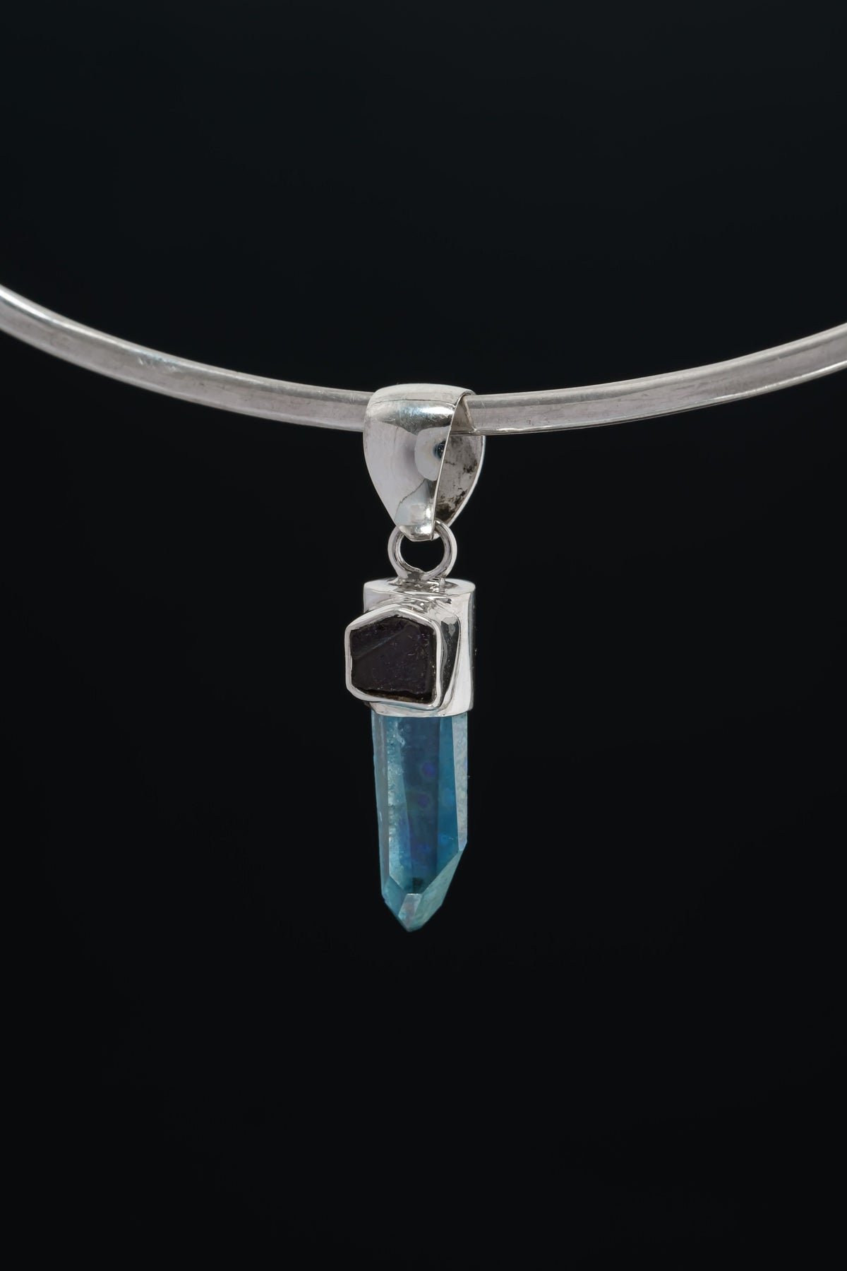 Aqua Aura Quartz & Raw Amethyst - High Shine Sterling Silver Crystal Pendant NO/17