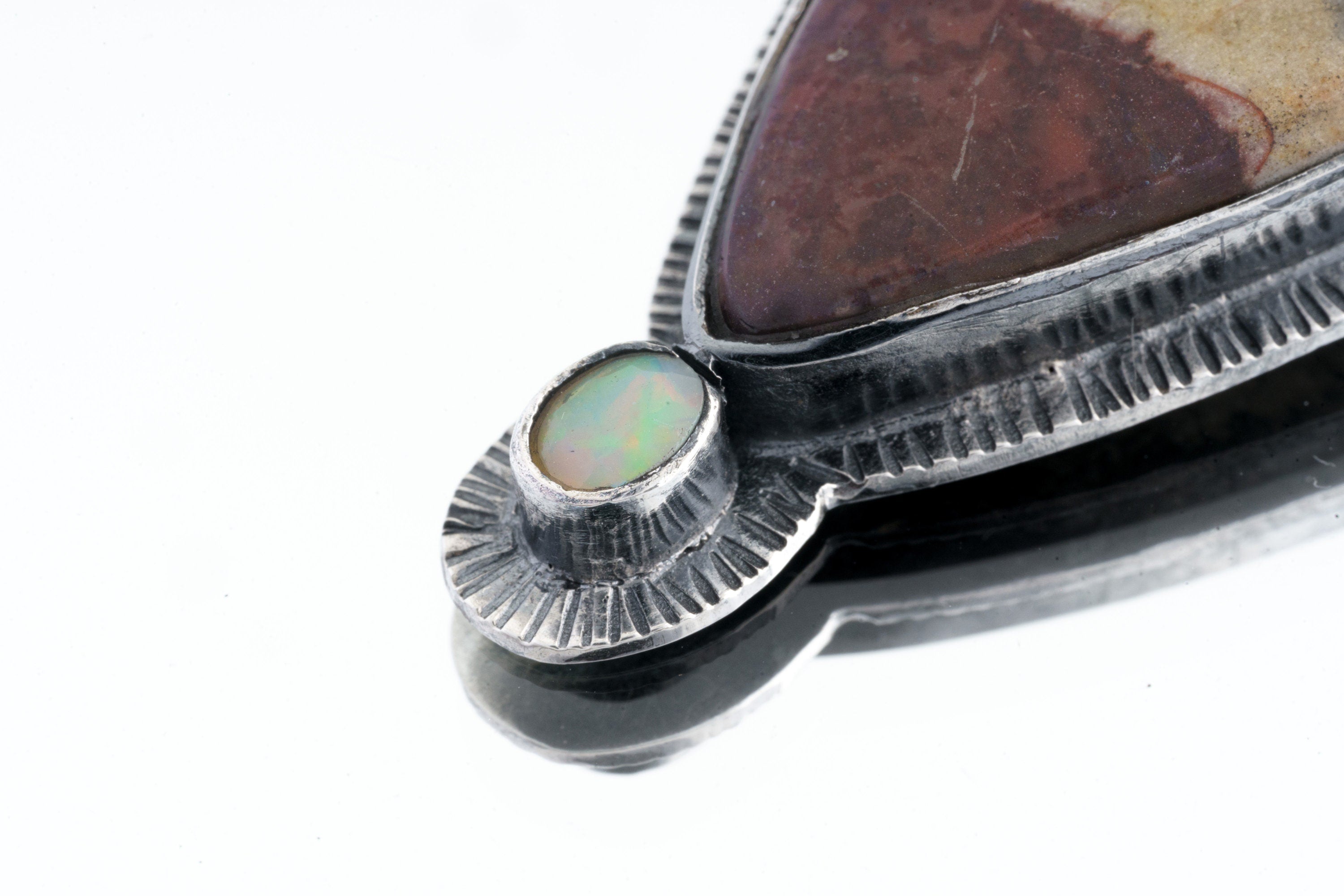 Grounding Australian Mookaite and Fiery Ethiopian Opal Pendant - Oxidised Sterling Silver with Sun Ray Details