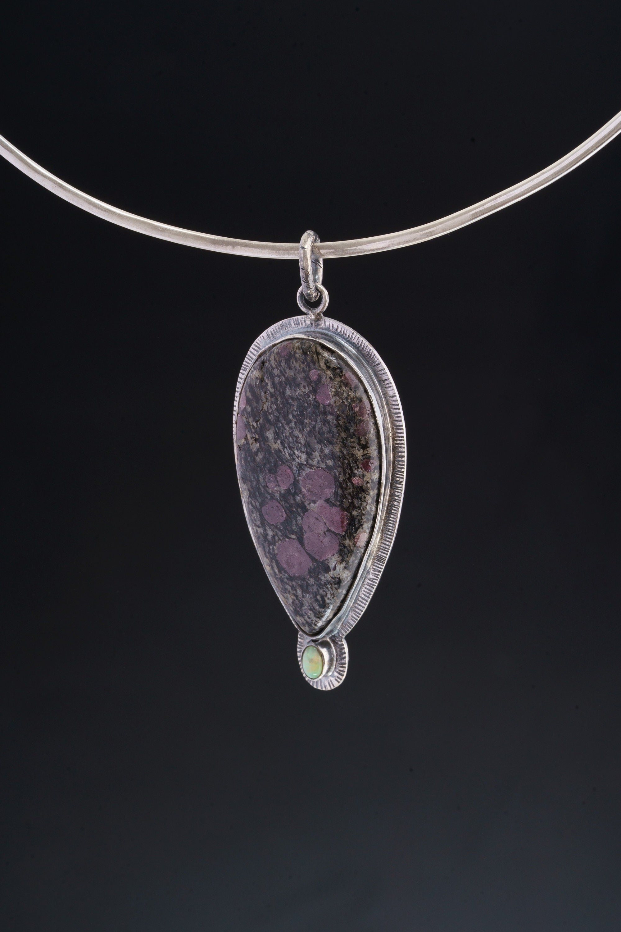 Stunning Balsa Ruby in Black Matrix and Faceted Ethiopian Opal Pendant - Oxidised Sterling Silver with Sun Ray Details