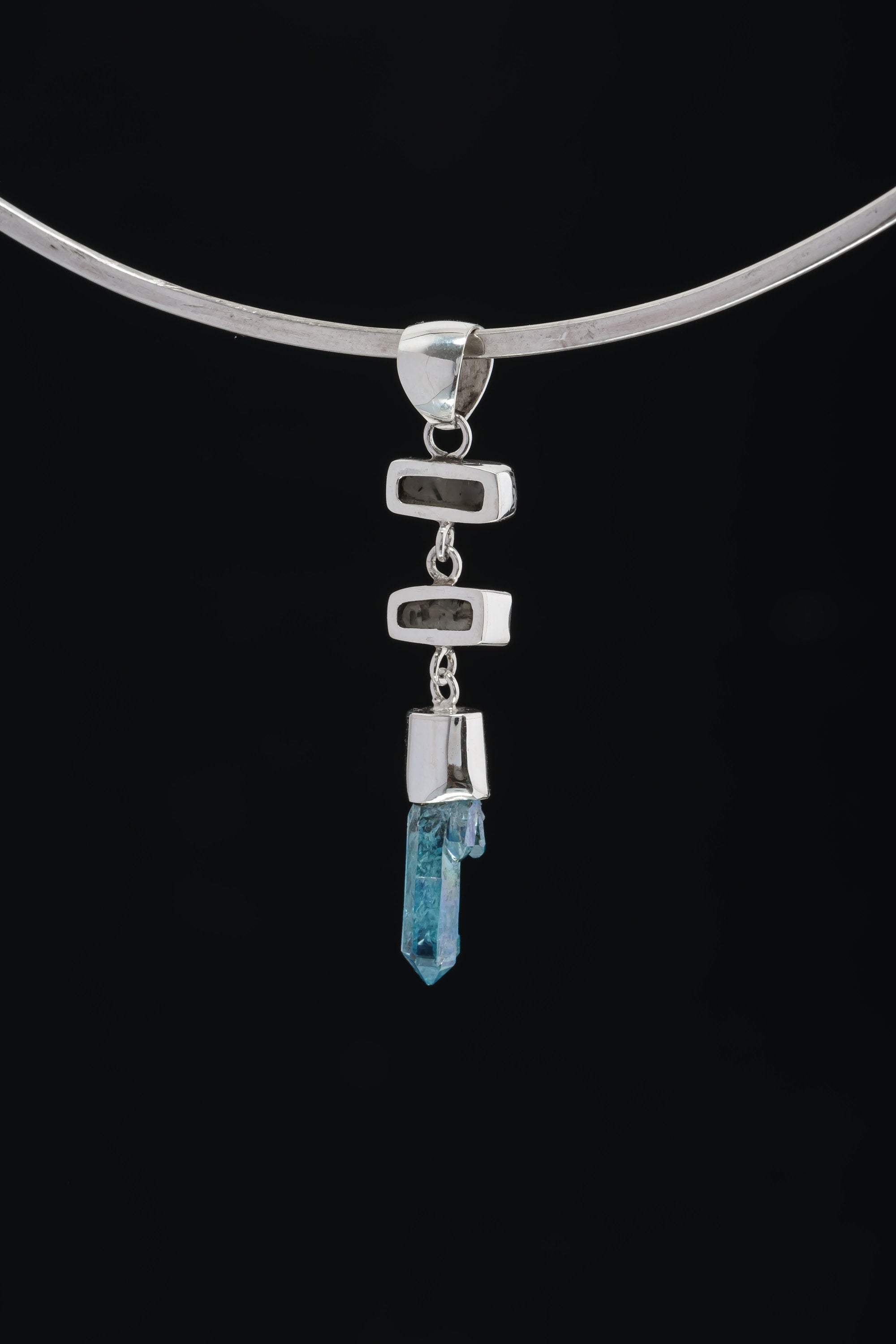 Divine Pathway - Limited Edition Black Rutile Quartz & Lemurian Aqua Aura Point - High Shine Sterling Silver Dangling Pendant NO/6