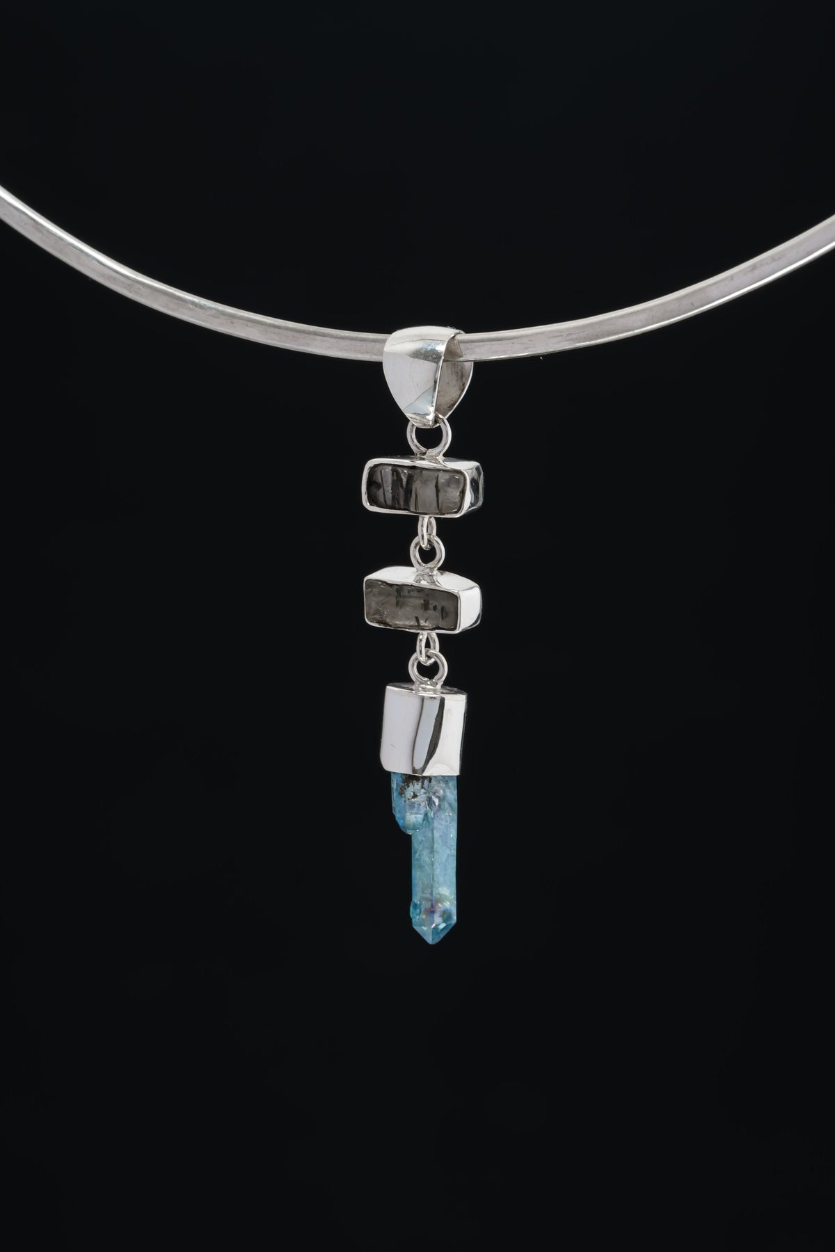 Divine Pathway - Limited Edition Black Rutile Quartz & Lemurian Aqua Aura Point - High Shine Sterling Silver Dangling Pendant NO/6