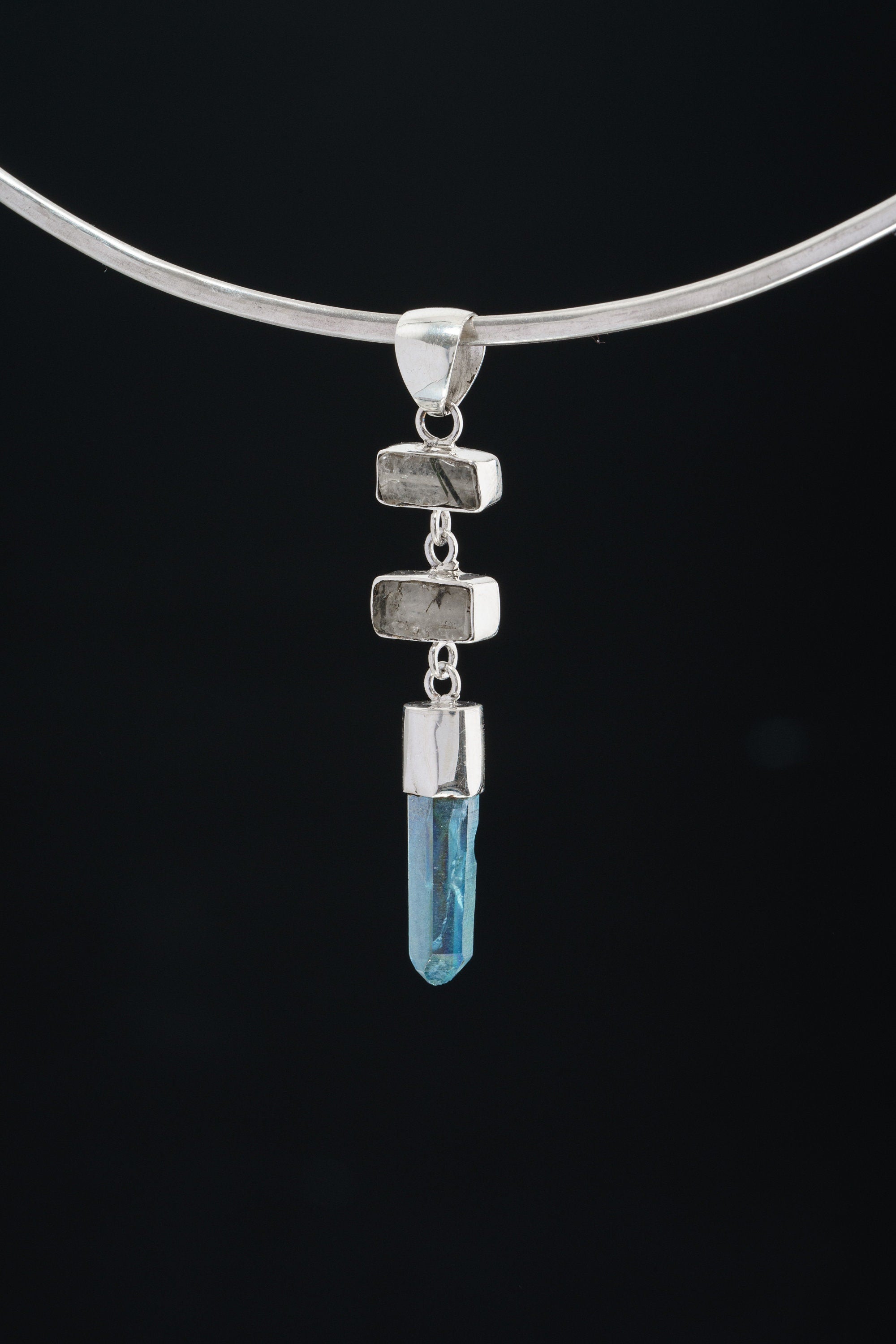 Limited Edition Black Rutile Quartz & Lemurian Aqua Aura Point Pendant, High Shine Sterling Silver, Third Eye Chakra, Unique Gift - NO/2