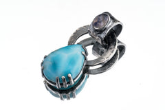 Larimar & Blue Moonstone - Oxidised Hammered Sterling Silver - Claw Set Pendant