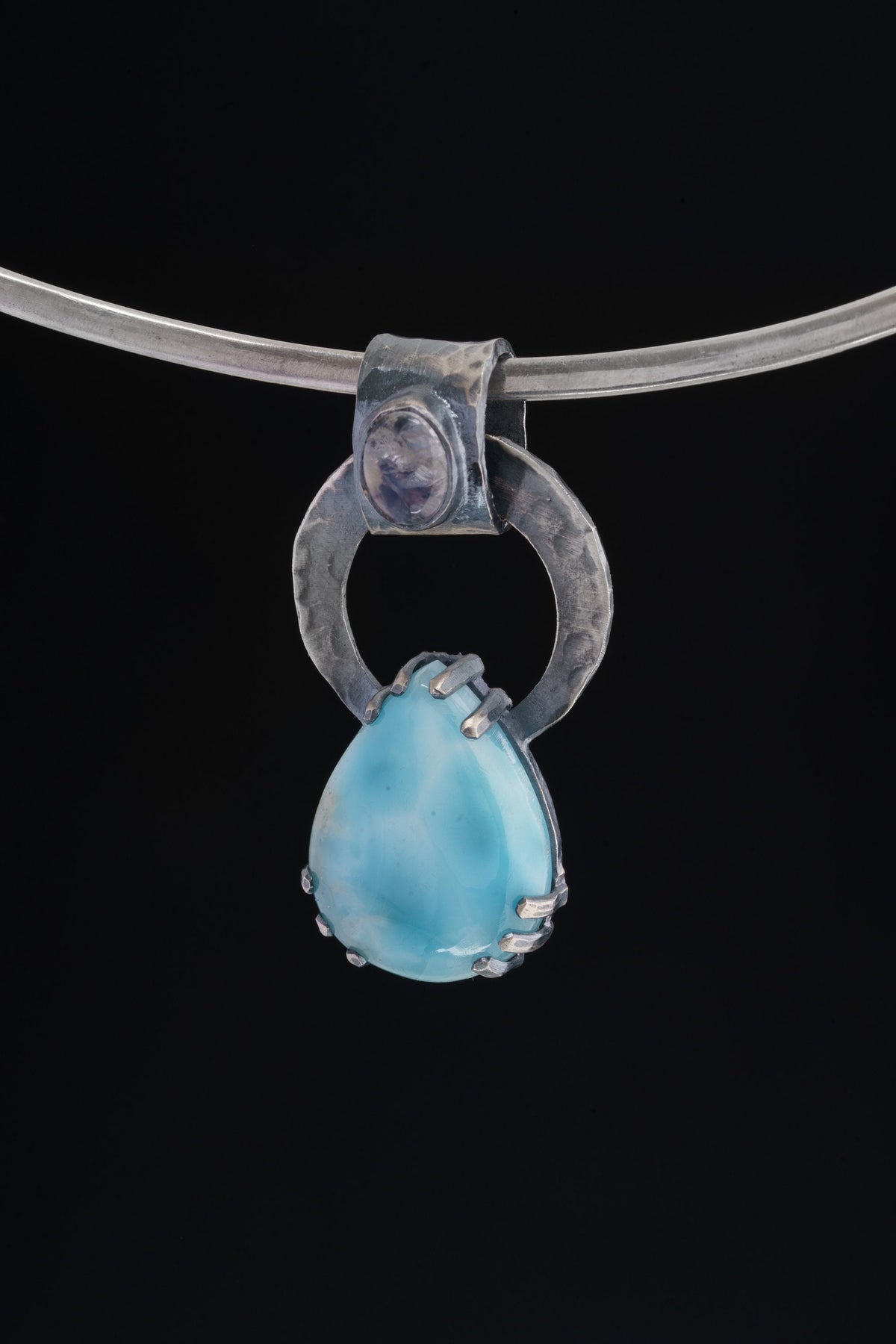 Larimar & Blue Moonstone - Oxidised Hammered Sterling Silver - Claw Set Pendant