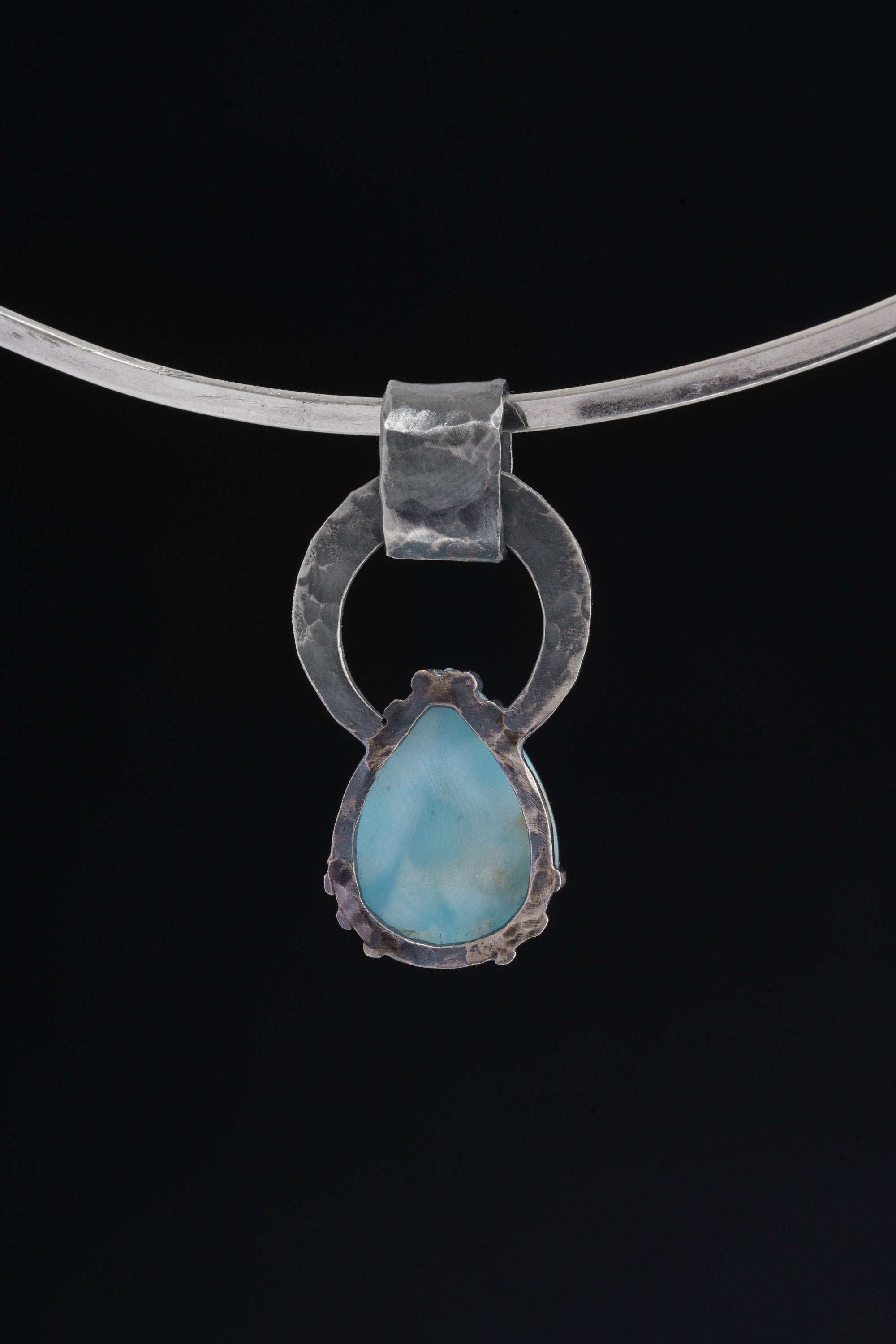 Larimar & Blue Moonstone - Oxidised Hammered Sterling Silver - Claw Set Pendant