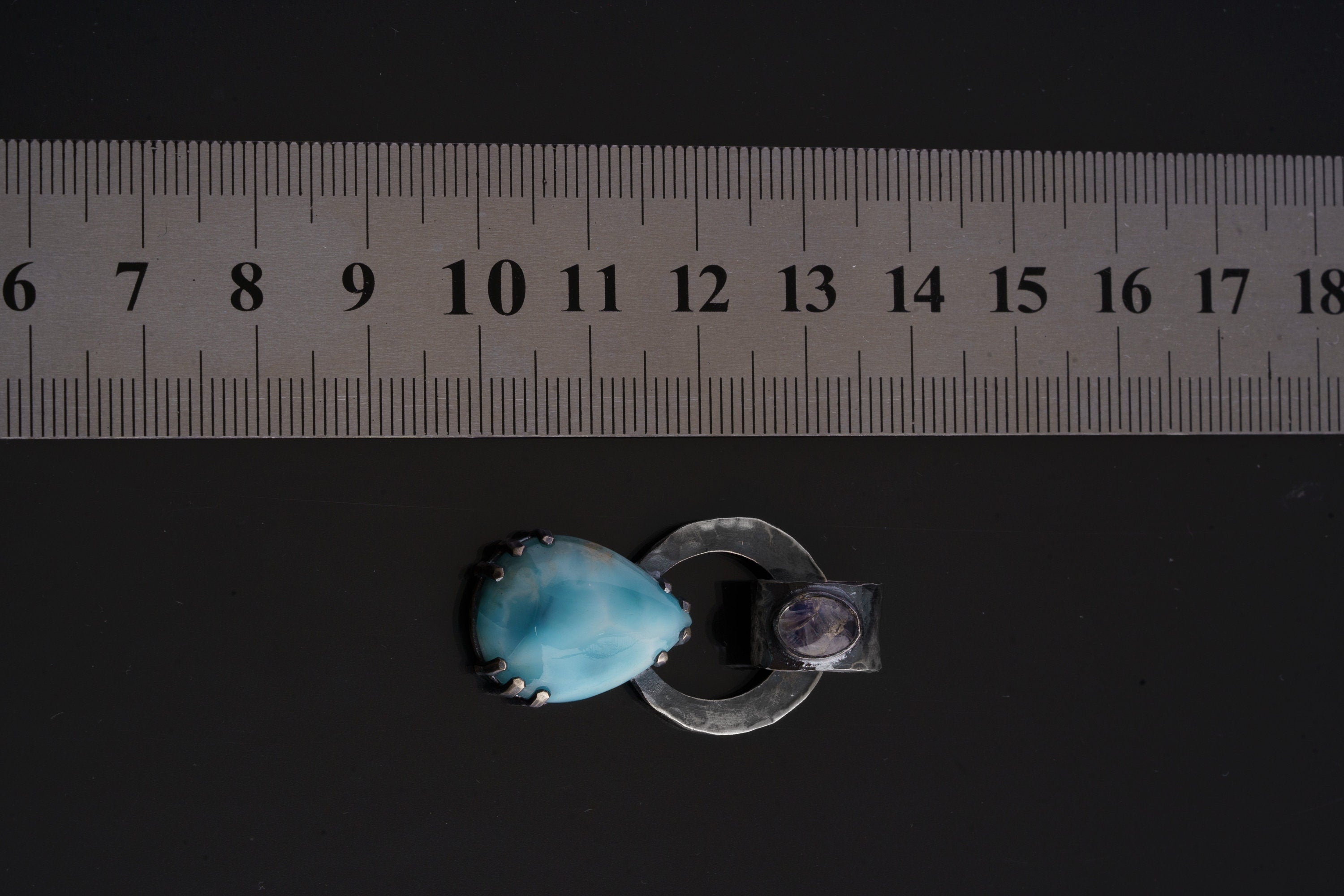 Larimar & Blue Moonstone - Oxidised Hammered Sterling Silver - Claw Set Pendant