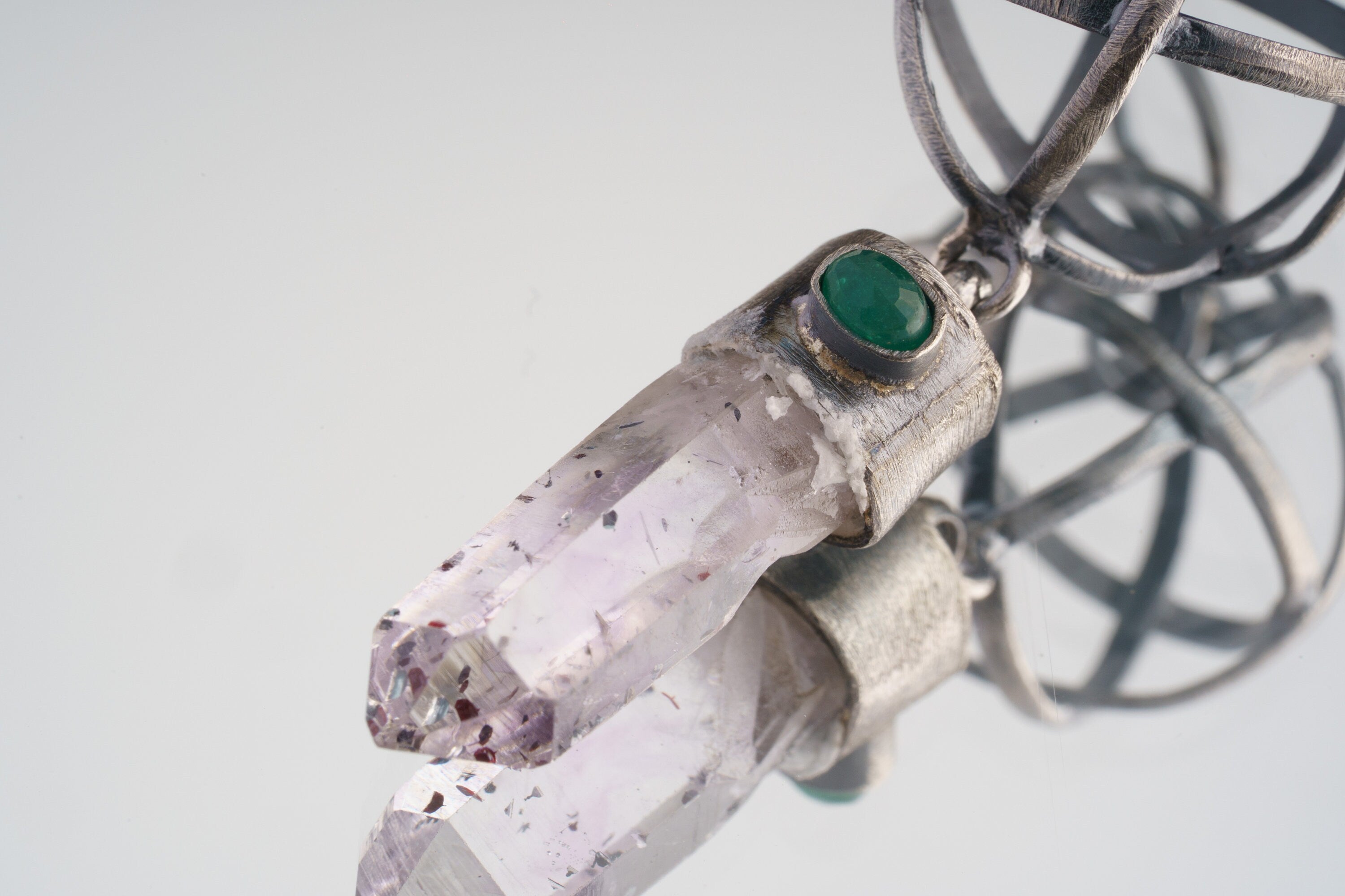 Ethereal Harmony: Vera Cruz Amethyst Point & Eye Shaped Faceted Emerald - Oxidised and Brush Textured - Sterling Silver Pendant