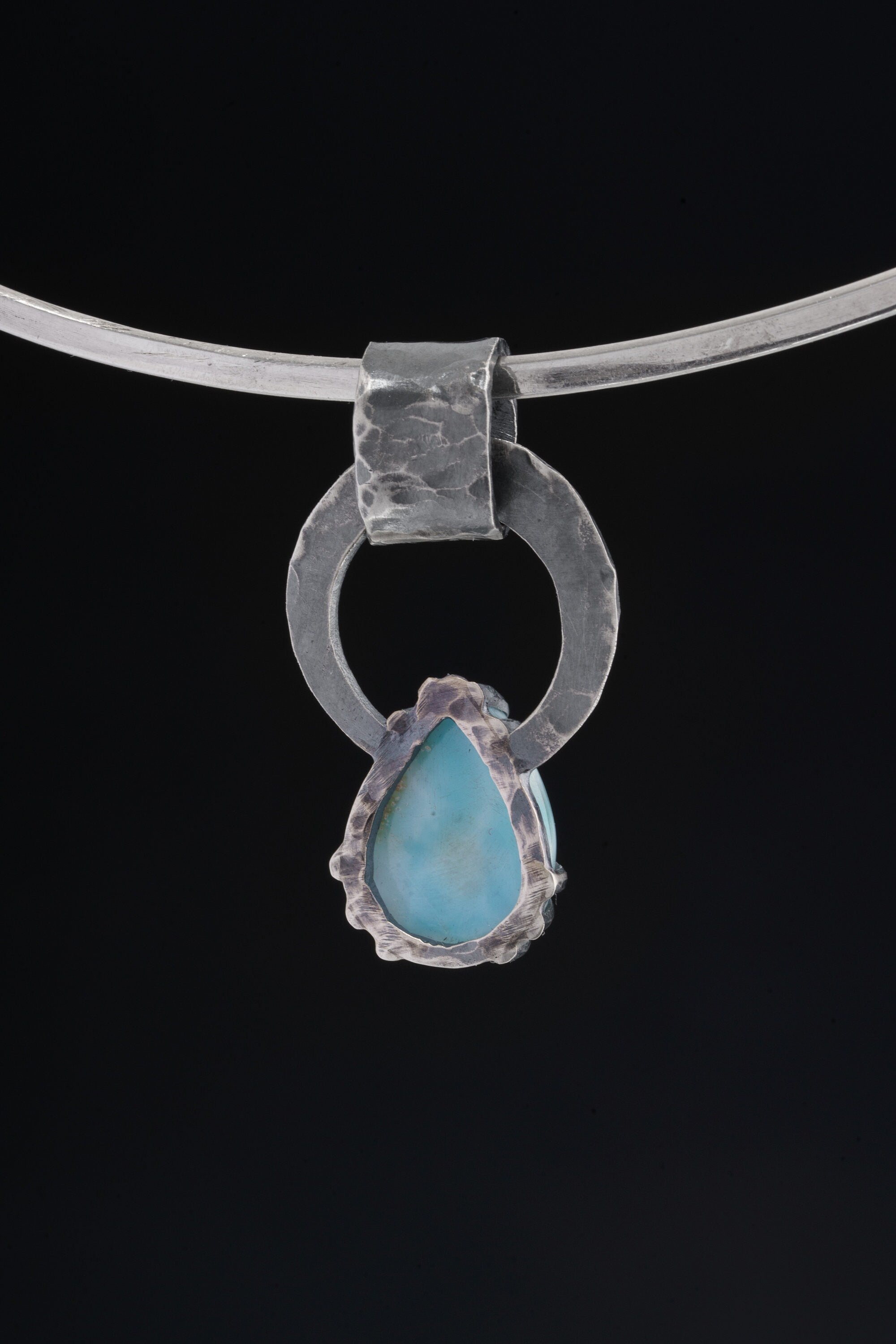 Larimar & Blue Moonstone - Oxidised Hammered Sterling Silver - Claw Set Pendant