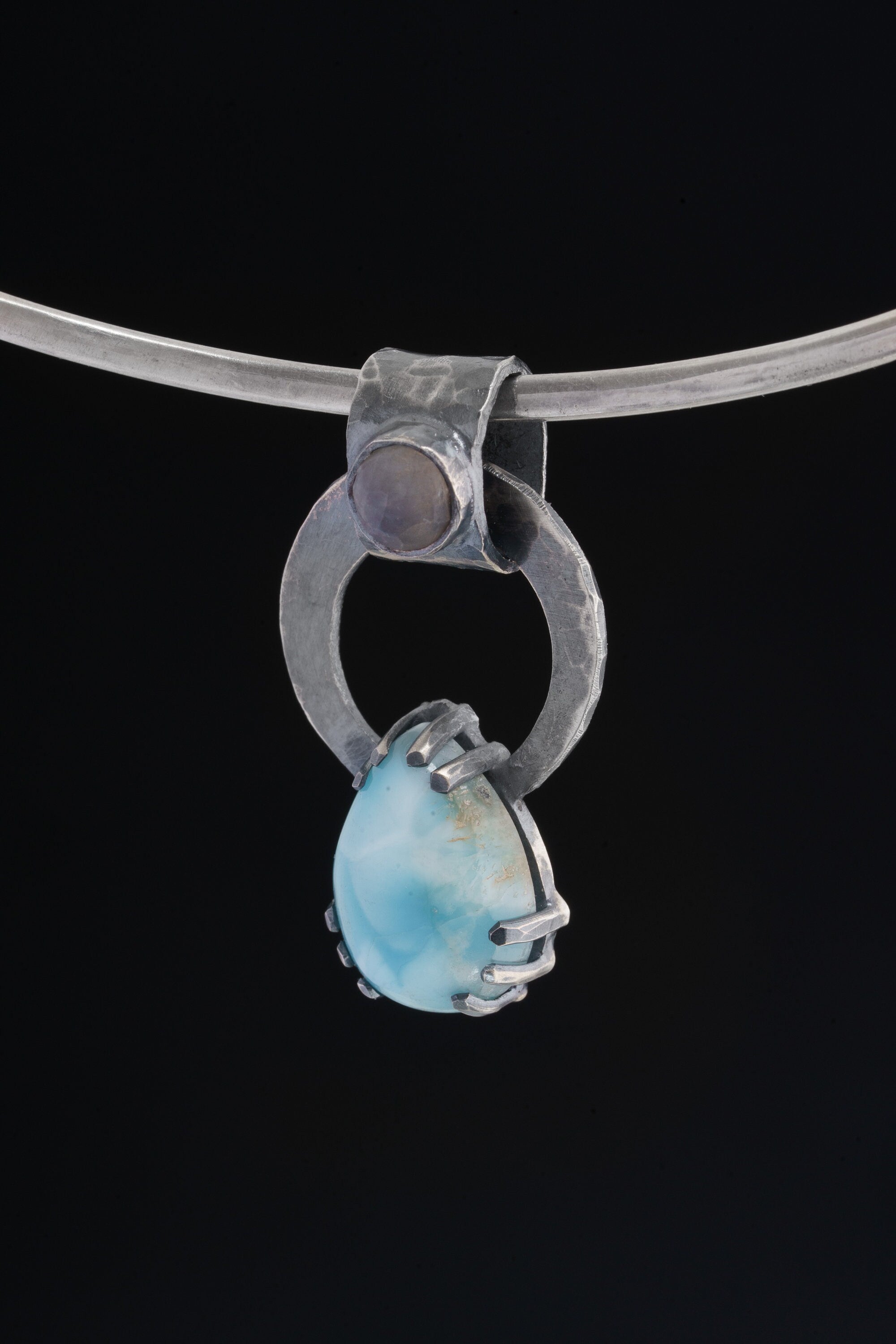 Larimar & Blue Moonstone - Oxidised Hammered Sterling Silver - Claw Set Pendant