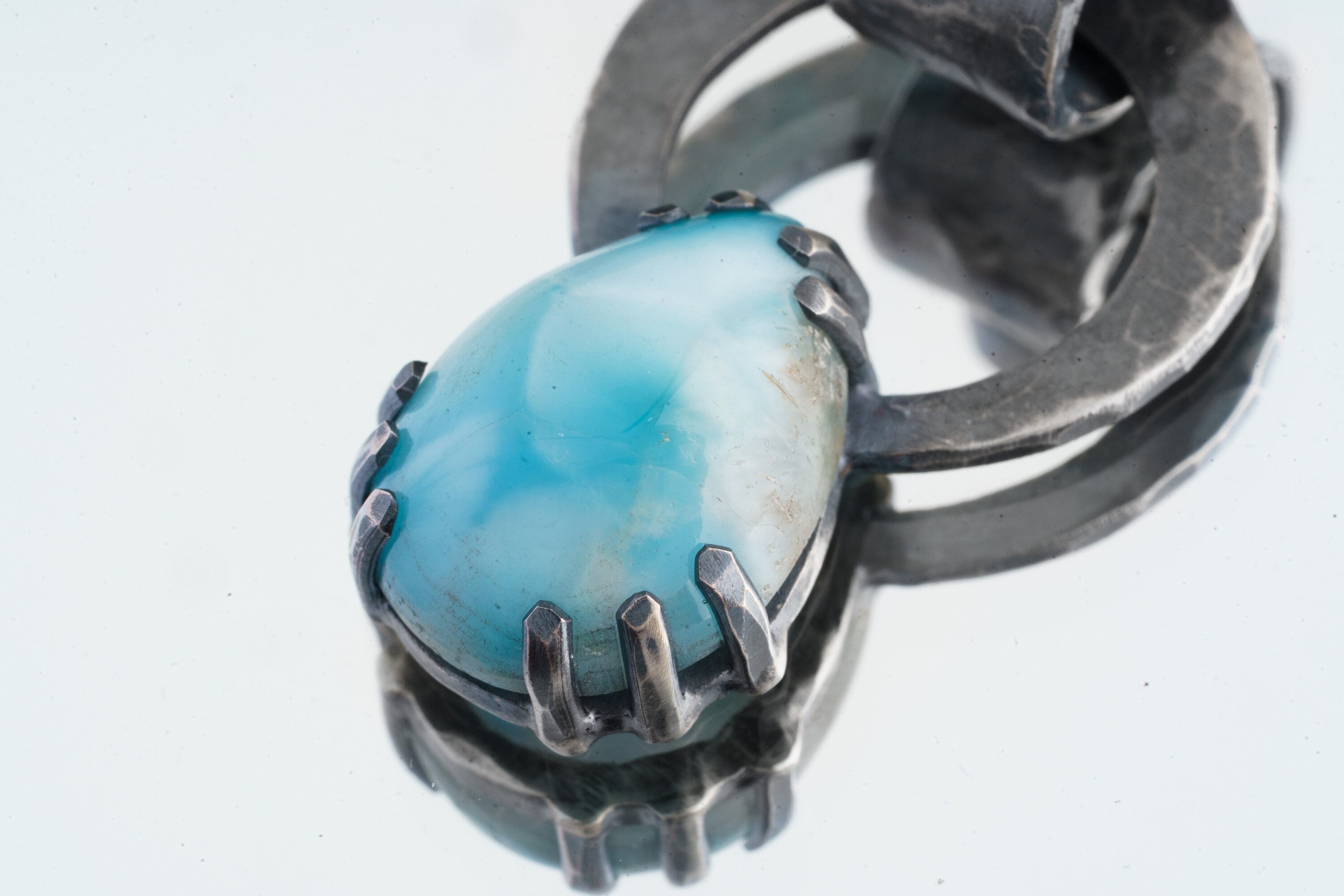 Larimar & Blue Moonstone - Oxidised Hammered Sterling Silver - Claw Set Pendant