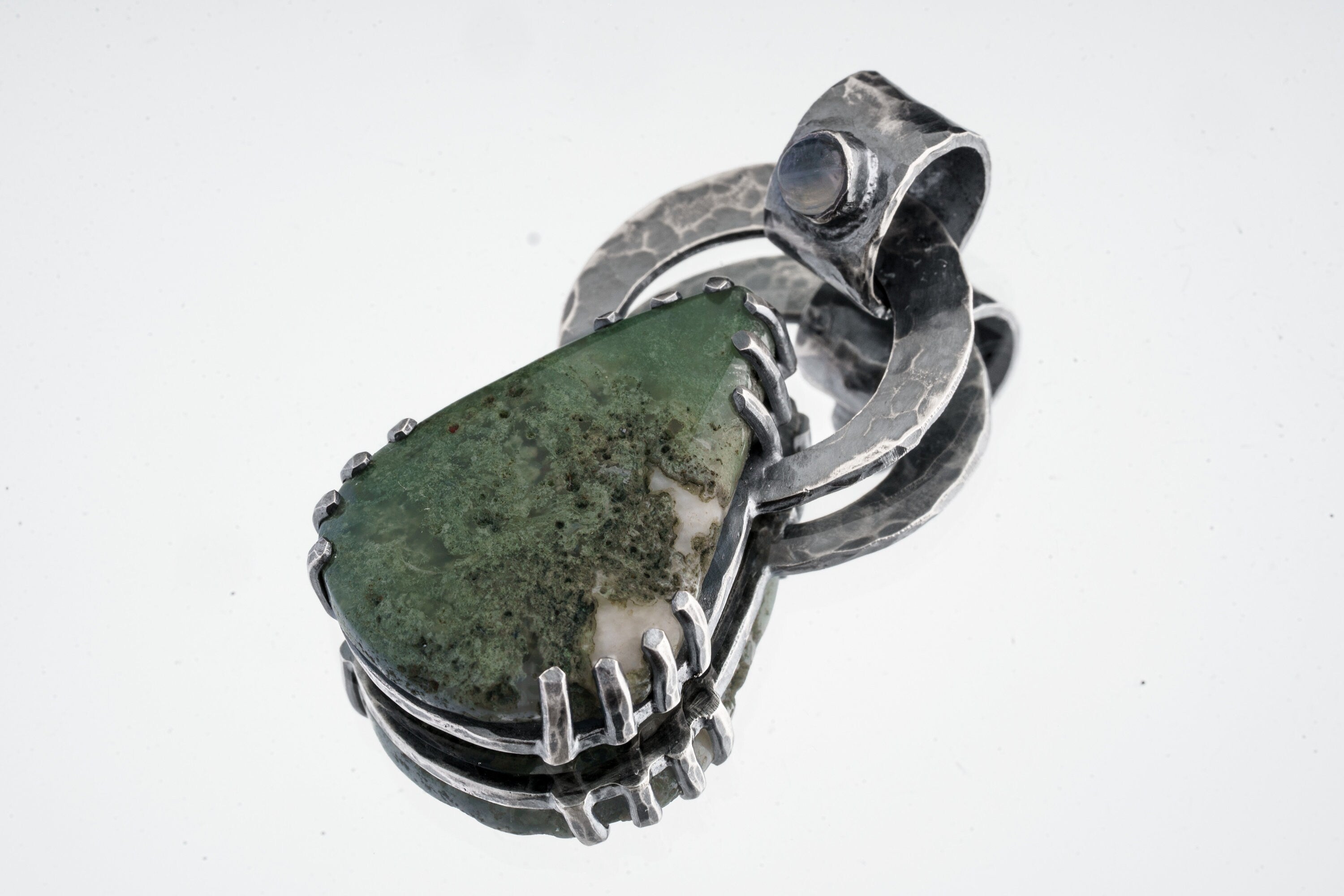 Moss Agate & Cat Eye Moonstone - Oxidised Hammered Sterling Silver - Claw Set Pendant