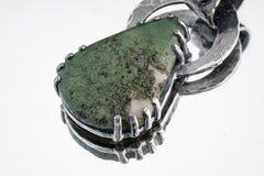 Moss Agate & Cat Eye Moonstone - Oxidised Hammered Sterling Silver - Claw Set Pendant