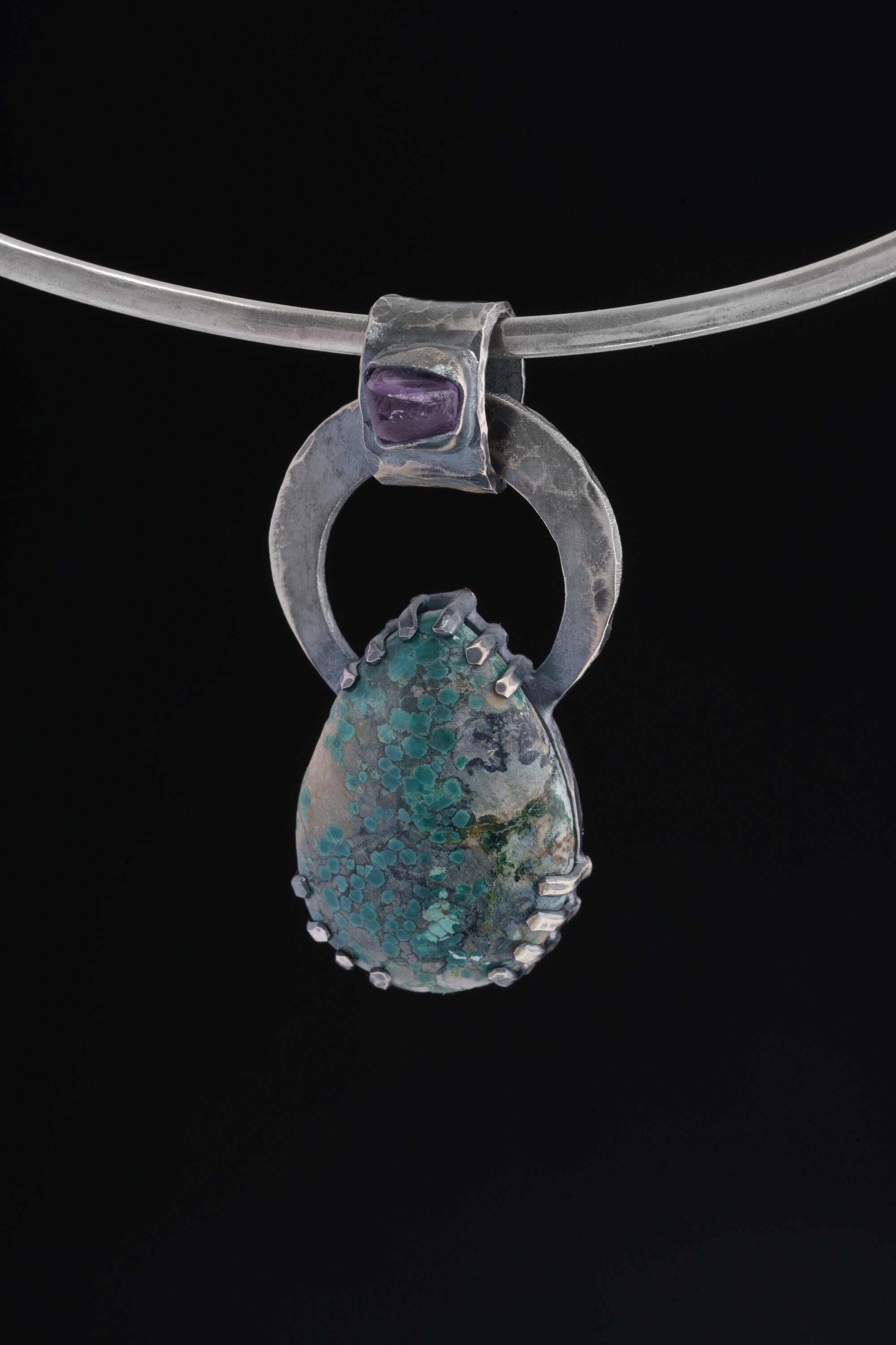 Rare Himalayan Turquoise & Raw Amethyst - Oxidised Hammered Sterling Silver - Claw Set Pendant