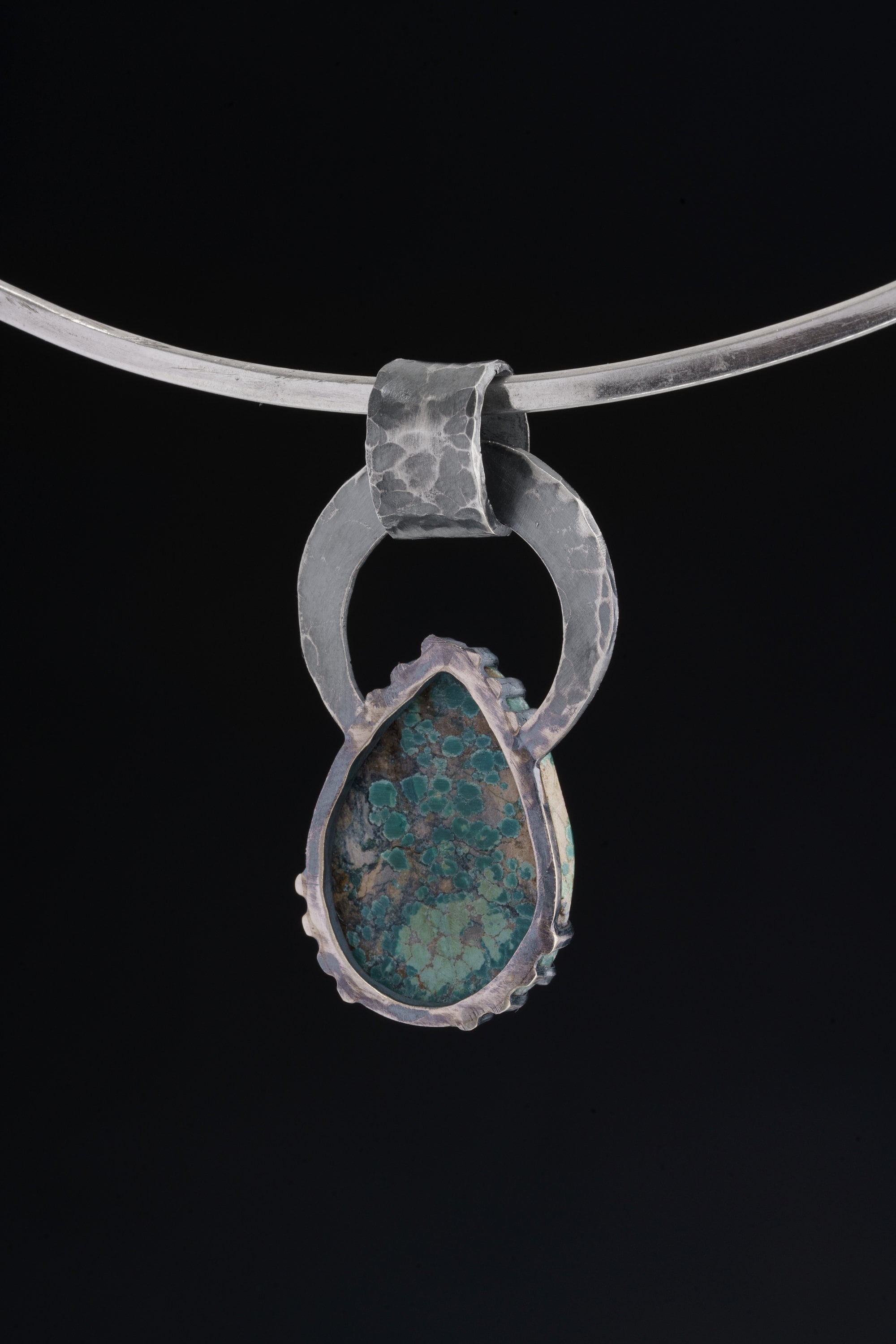 Rare Himalayan Turquoise & Raw Amethyst - Oxidised Hammered Sterling Silver - Claw Set Pendant