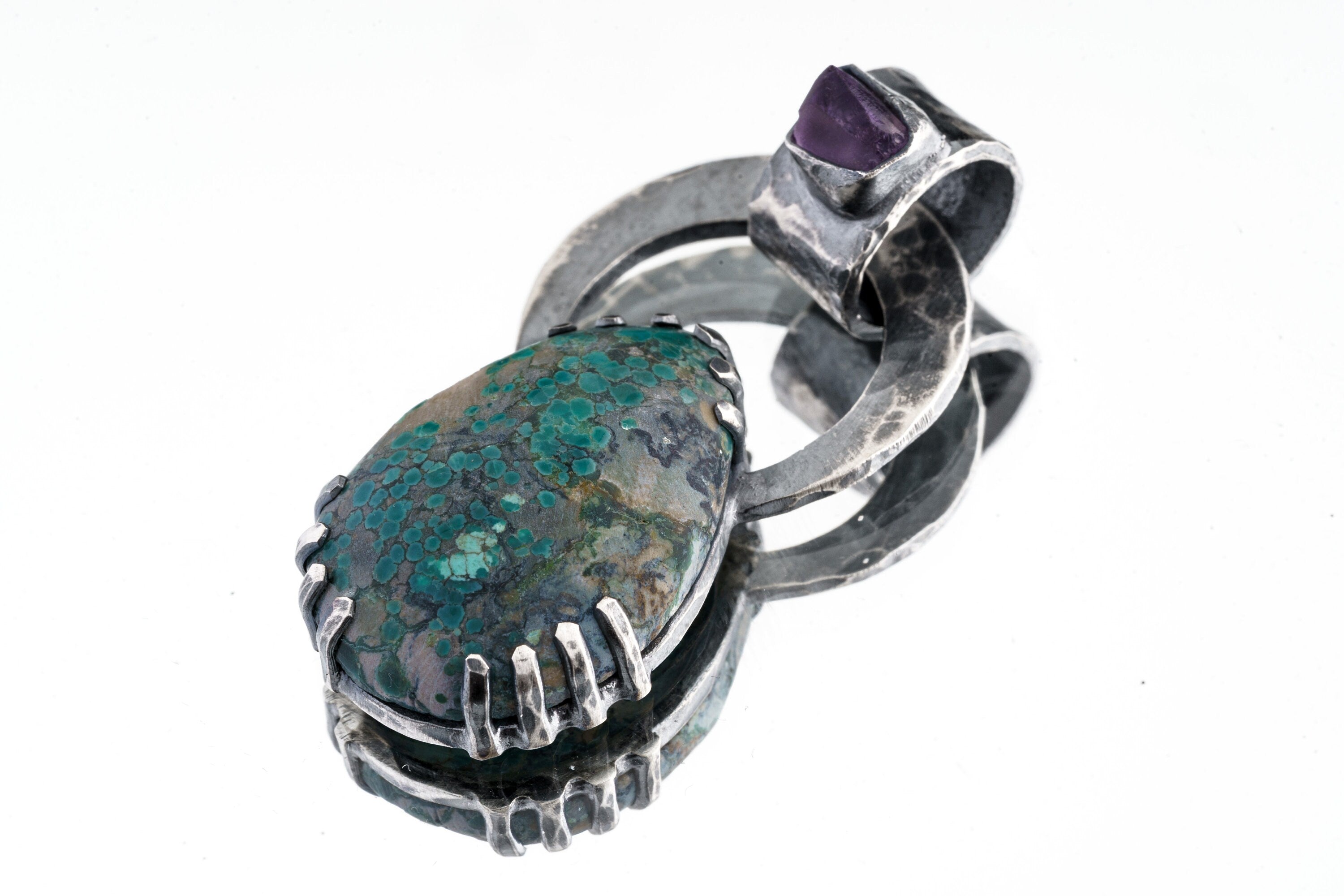 Rare Himalayan Turquoise & Raw Amethyst - Oxidised Hammered Sterling Silver - Claw Set Pendant