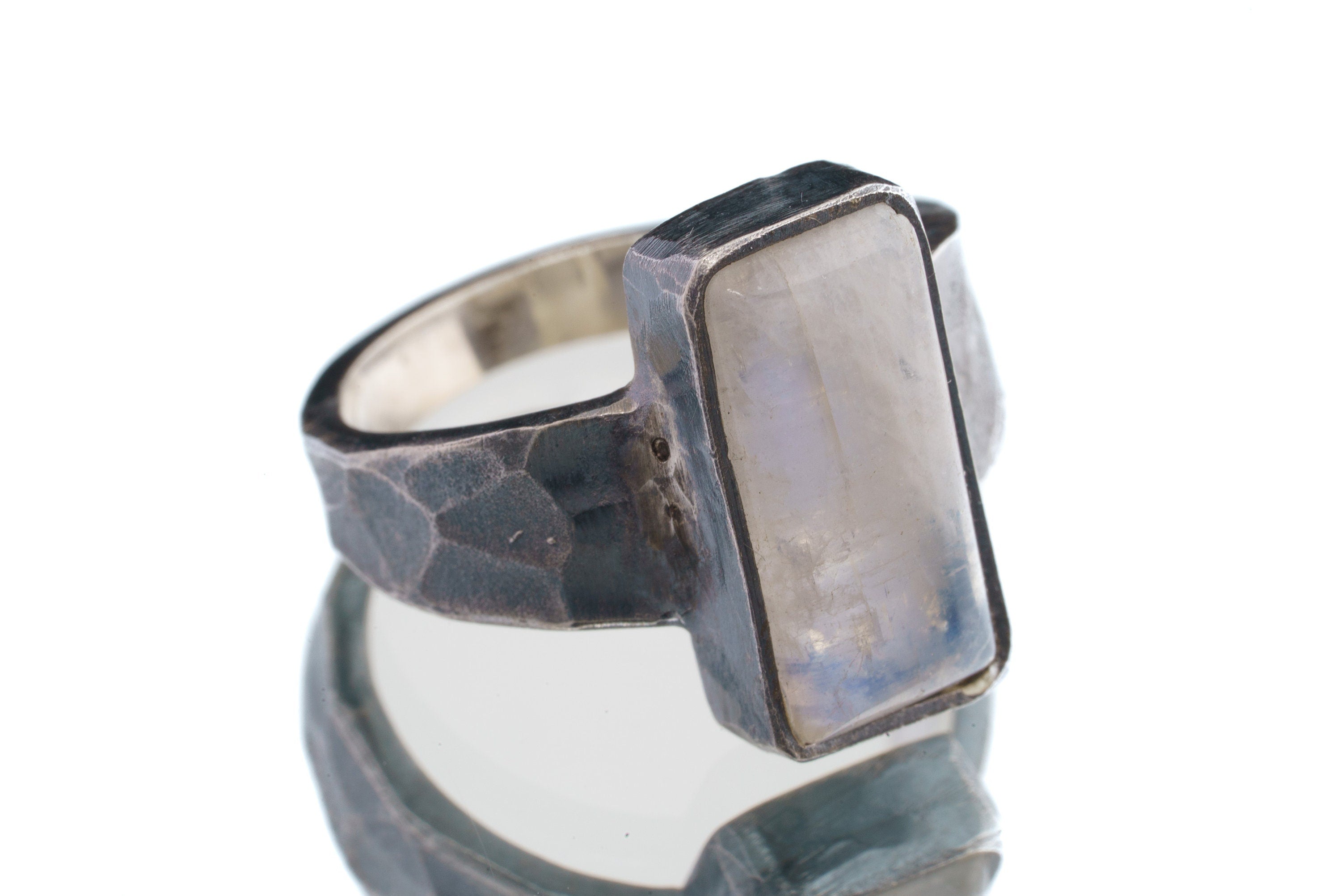 Rectangular Blue Moonstone - Unisex/Men - Size 8 US - Large Sterling Silver Ring