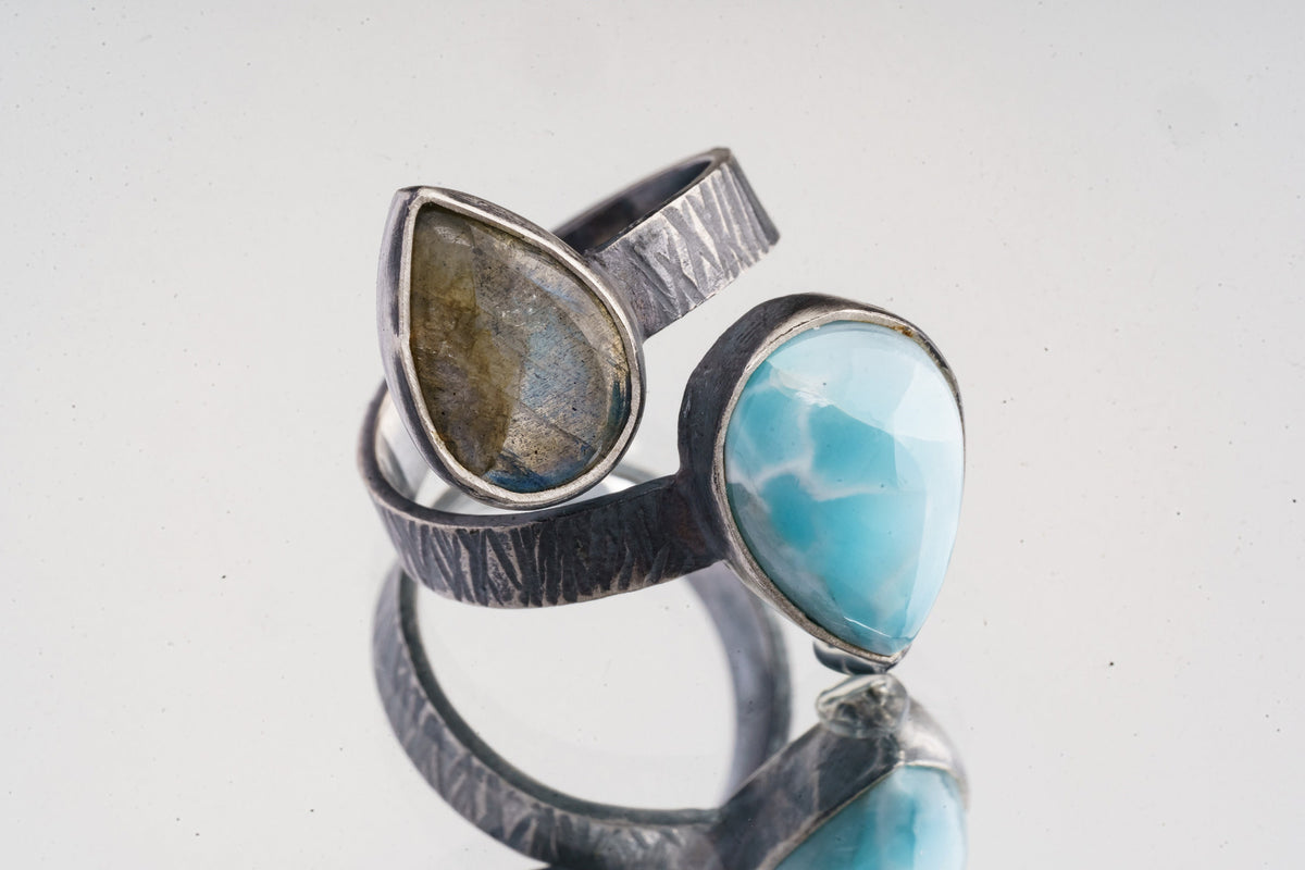 Harmonic Duo - Teardrop Labradorite and Larimar - Unisex - Size 4-10 US - Large Adjustable Sterling Silver Ring