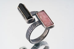 Yin and Yang Harmony - Black Tourmaline and Rhodochrosite - Unisex - Size 4-10 US - Large Adjustable Sterling Silver Ring