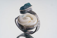 Terminated Gem Apatite and Crystallized Shell - Unisex - Size 4-10 US - Large Adjustable Sterling Silver Ring