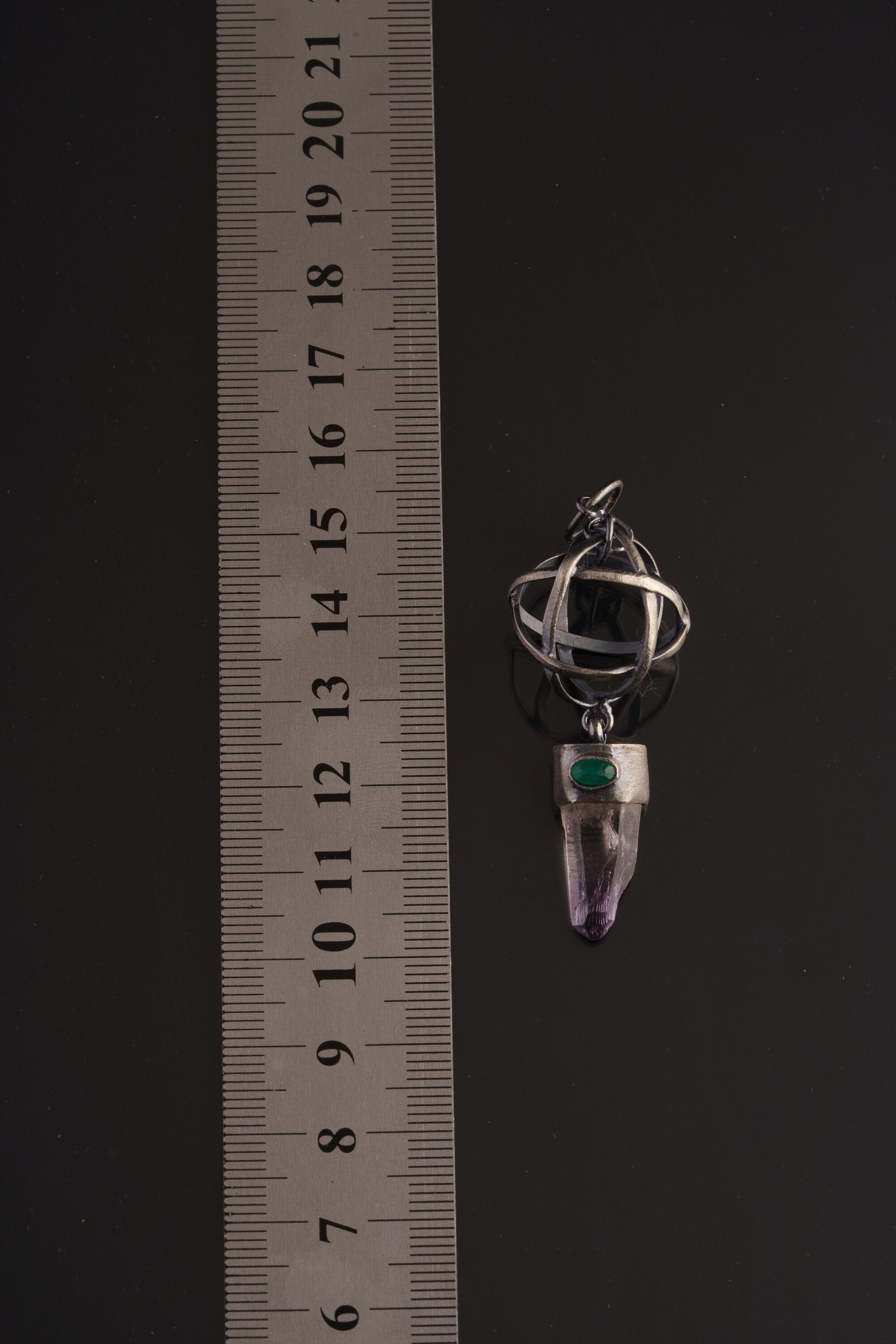 Ethereal Harmony: Vera Cruz Amethyst Point & Eye Shaped Faceted Emerald - Oxidised and Brush Textured - Sterling Silver Pendant