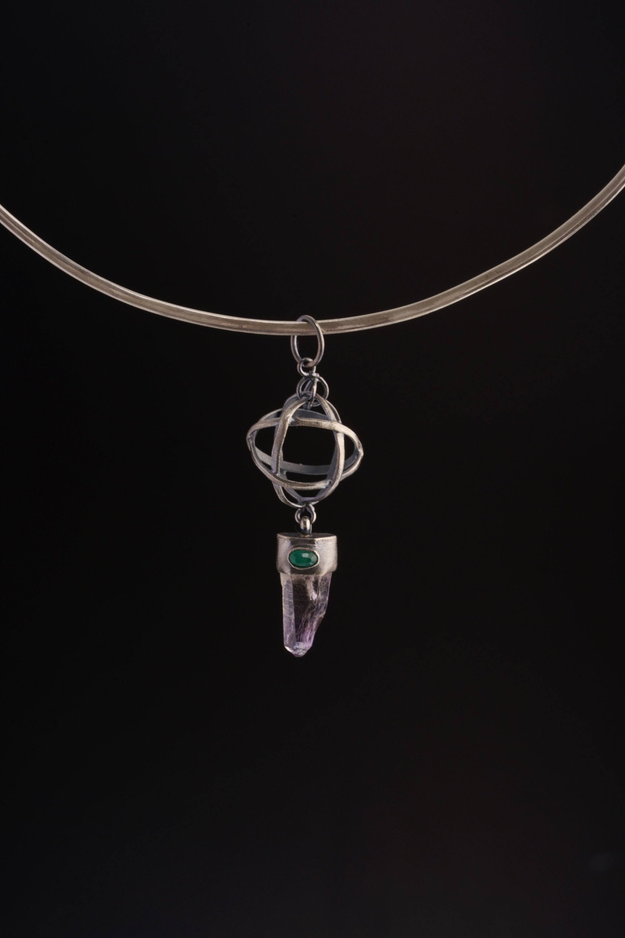 Ethereal Harmony: Vera Cruz Amethyst Point & Eye Shaped Faceted Emerald - Oxidised and Brush Textured - Sterling Silver Pendant