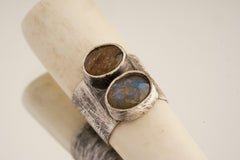 The Mystic's Breath: One Blue and One Red Oval Labradorite - Antique Bone Inhalation Tube