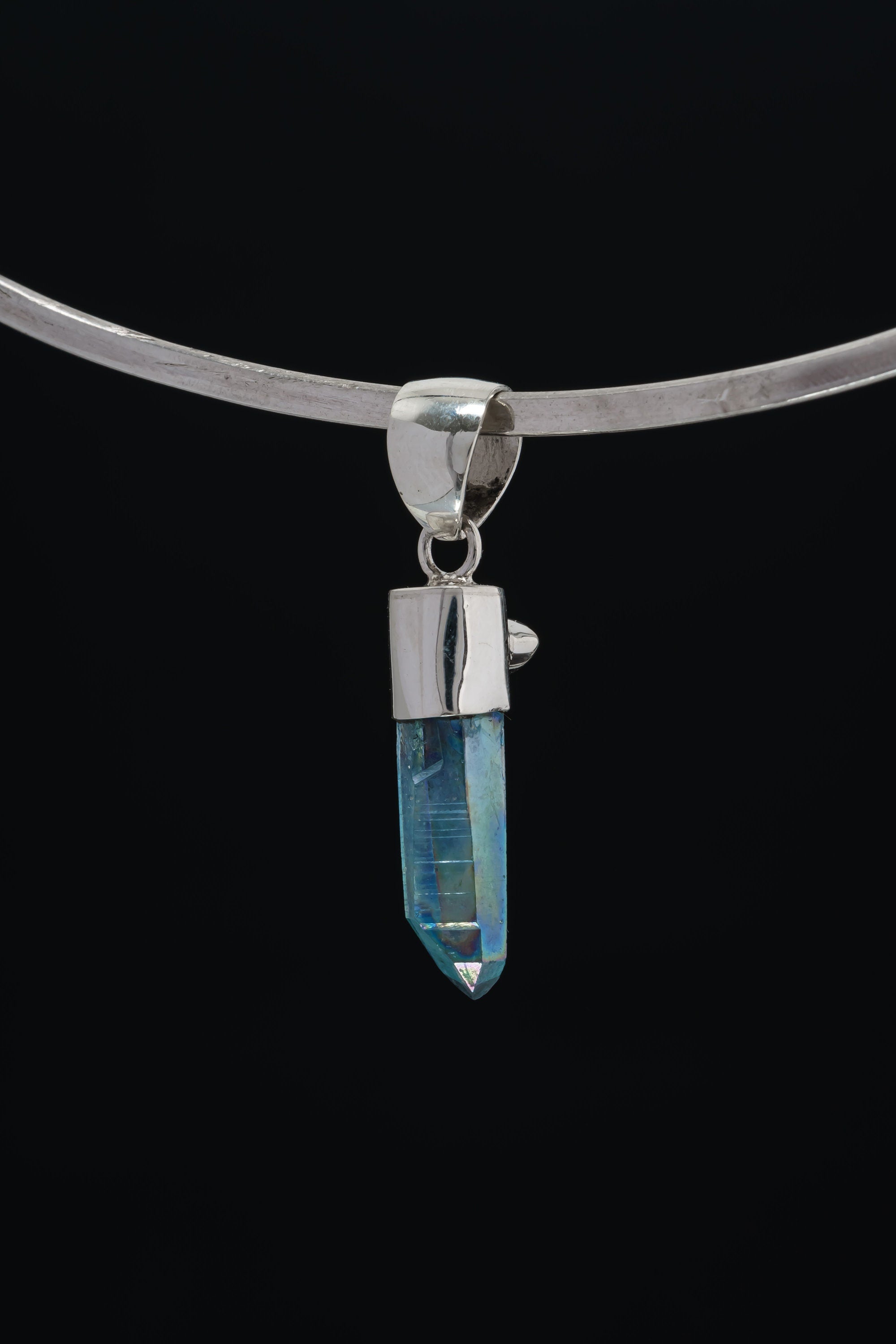 Aqua Aura Quartz & Eye Shape Faceted Natural Emerald - High Shine Sterling Silver Crystal Pendant NO/5