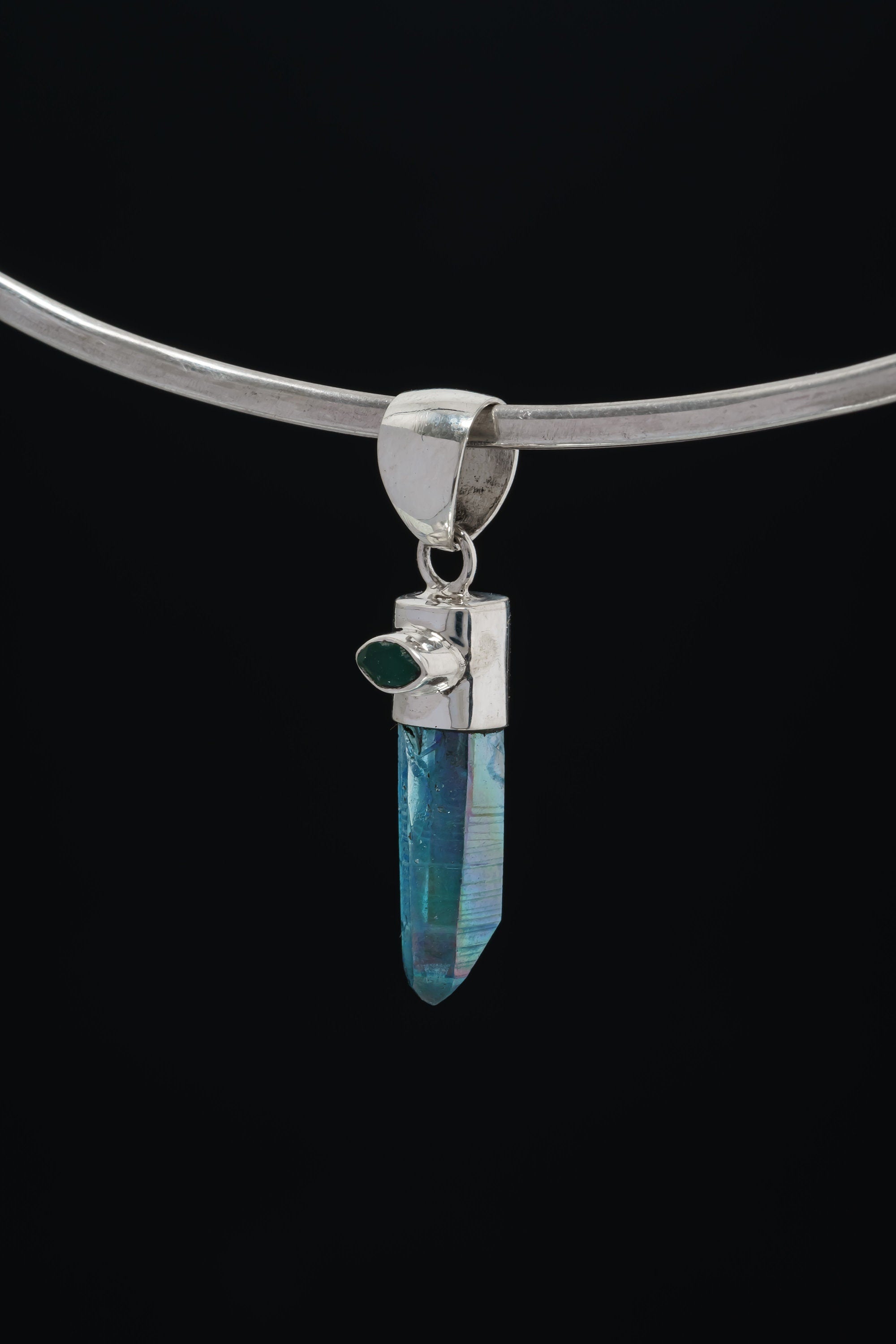 Aqua Aura Quartz & Eye Shape Faceted Natural Emerald - High Shine Sterling Silver Crystal Pendant NO/5