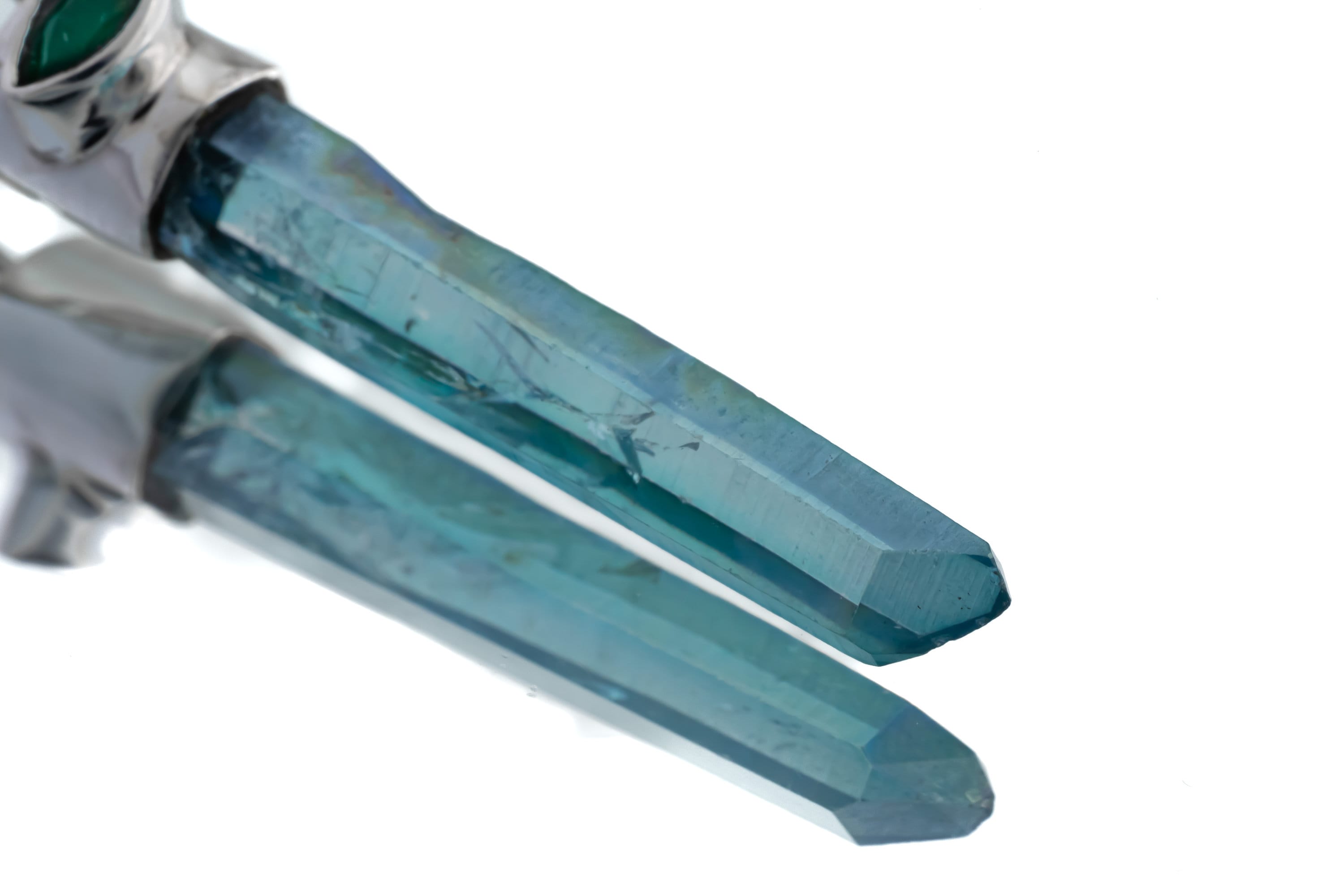 Aqua Aura Quartz & Eye Shape Faceted Natural Emerald - High Shine Sterling Silver Crystal Pendant NO/1