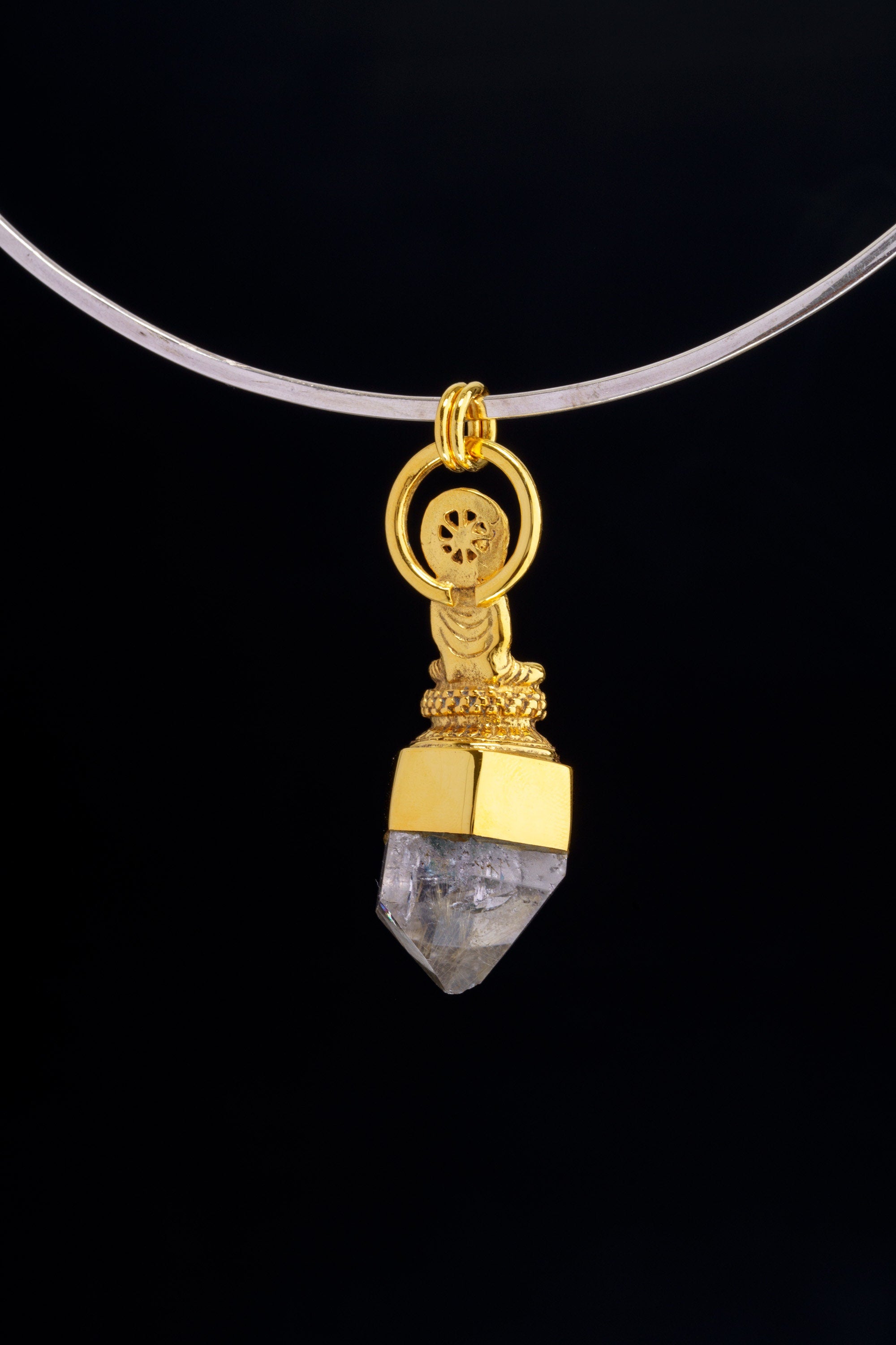 The Praying Buddha Pendant with Cut Inclusion Golden Rutile Quartz, Gold-Plated Sterling Silver Talisman, Leo Zodiac, Unique Gift