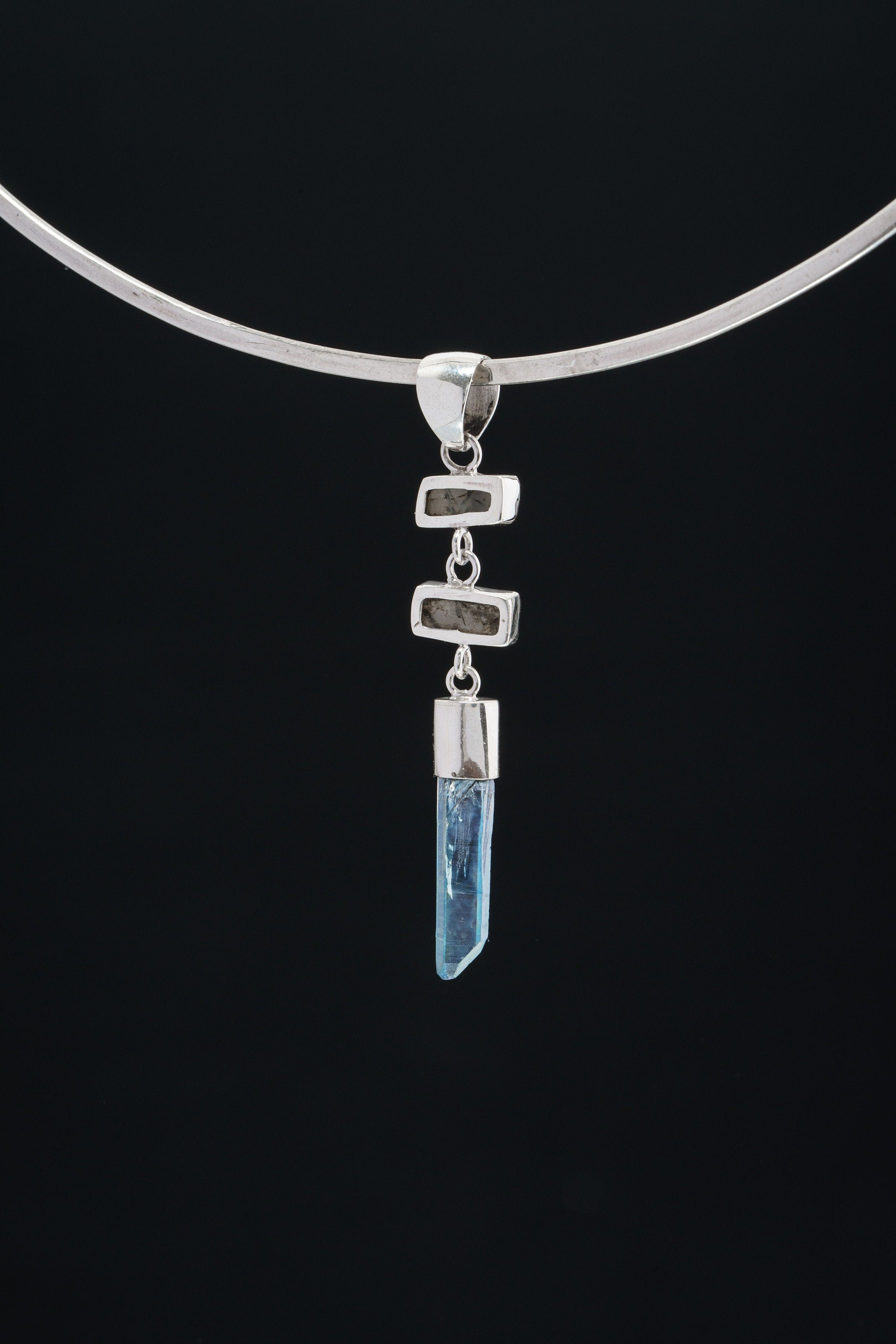 Black Rutile Quartz & Lemurian Aqua Aura Point Dangling Pendant,High Shine Sterling Silver,Scorpio Zodiac,Spiritual Insight,Unique Gift NO/1