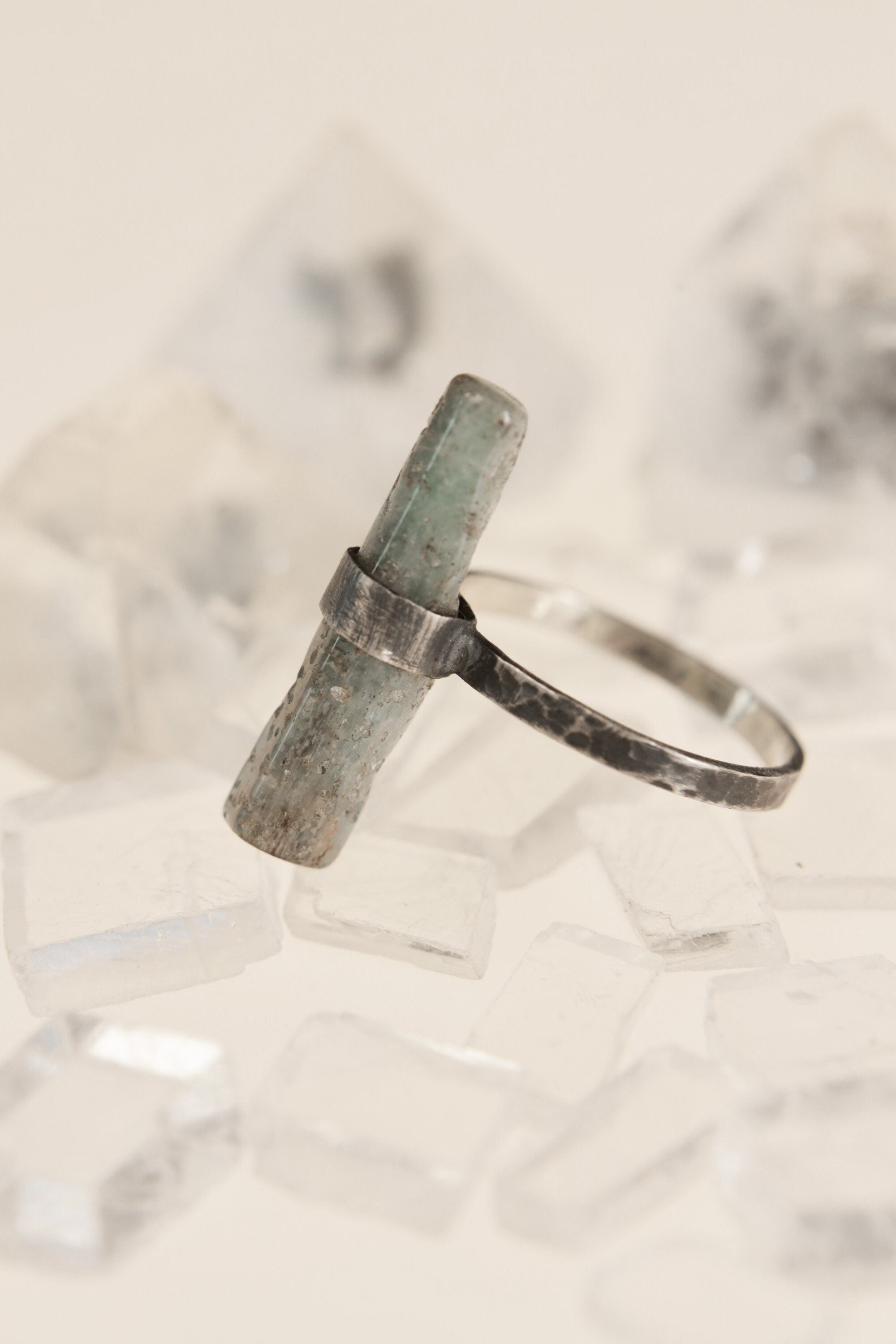 Textured & Oxidized Sterling Silver Torrington Ring with Raw Australian Aquamarine, Size 7 3/4, Pisces Zodiac, Emotional Clarity - NO/13