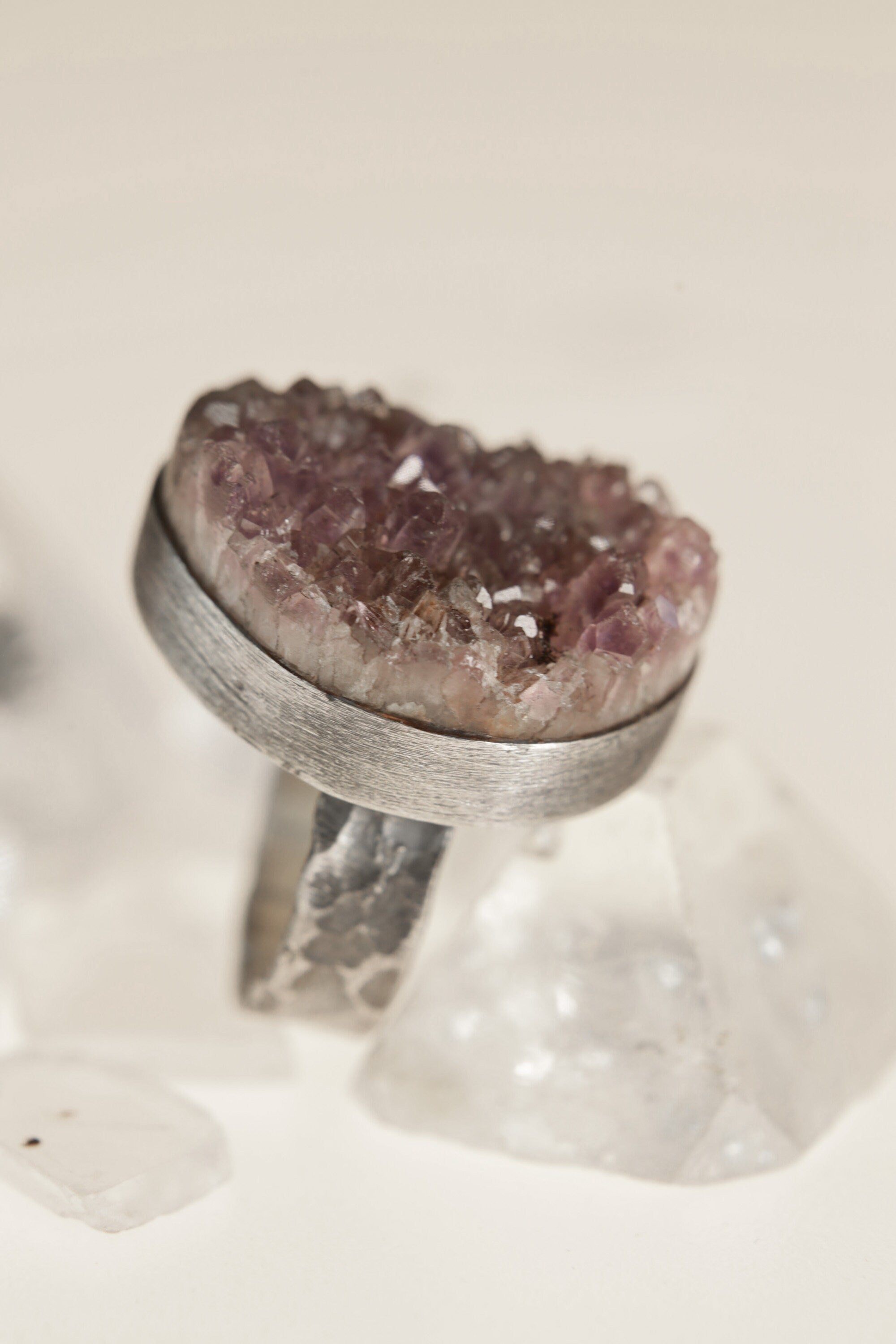 Purple Majesty: Textured & Oxidised Sterling Silver Ring with Raw Natural Amethyst Cluster - Size 4 3/4 US - NO/01