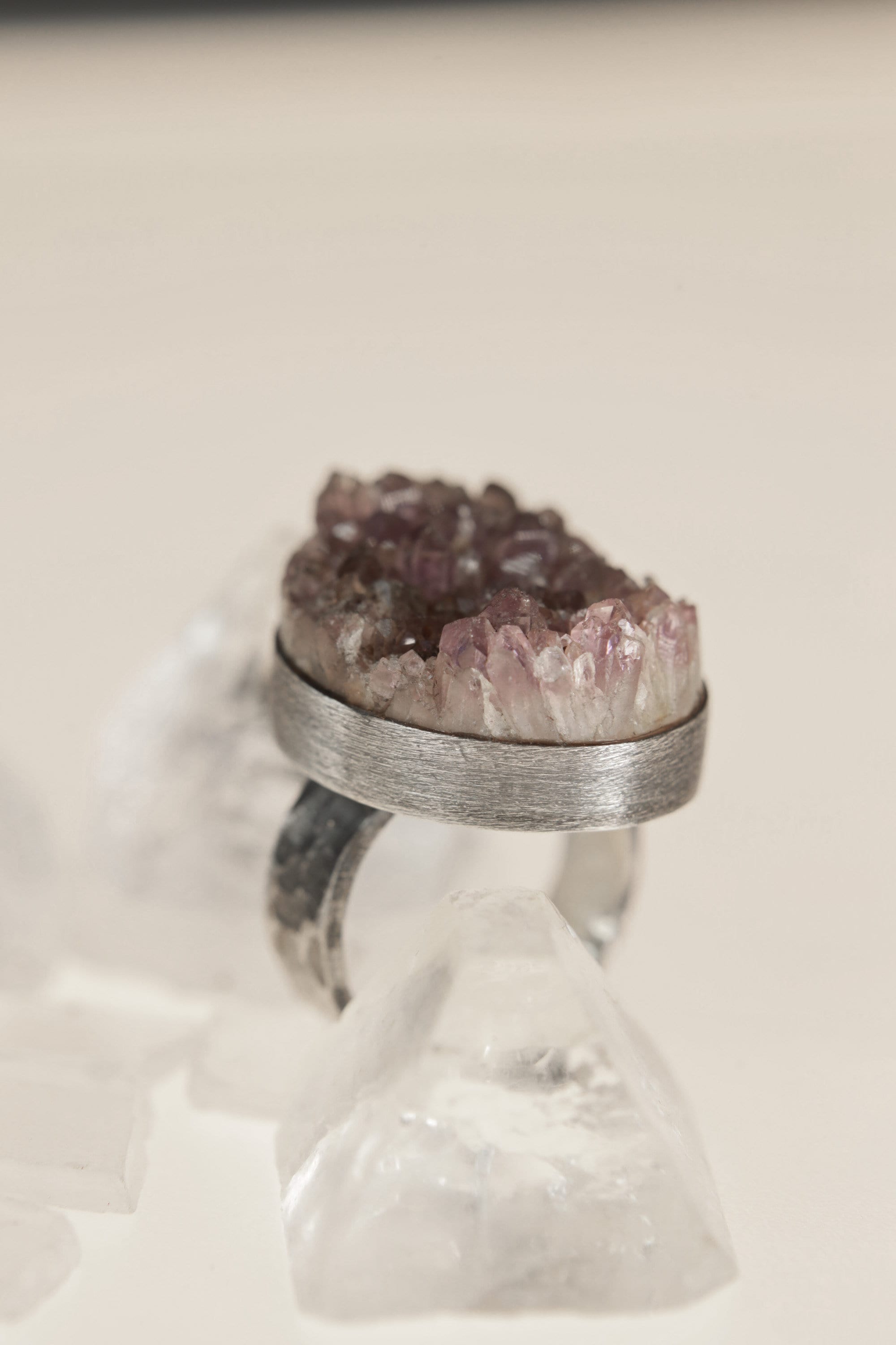 Purple Majesty: Textured & Oxidised Sterling Silver Ring with Raw Natural Amethyst Cluster - Size 4 3/4 US - NO/01