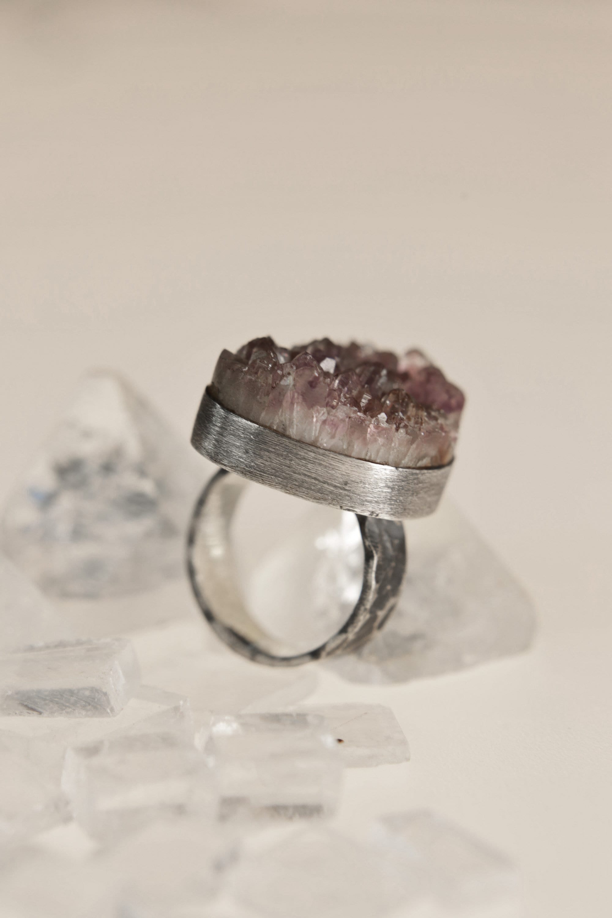 Purple Majesty: Textured & Oxidised Sterling Silver Ring with Raw Natural Amethyst Cluster - Size 4 3/4 US - NO/01