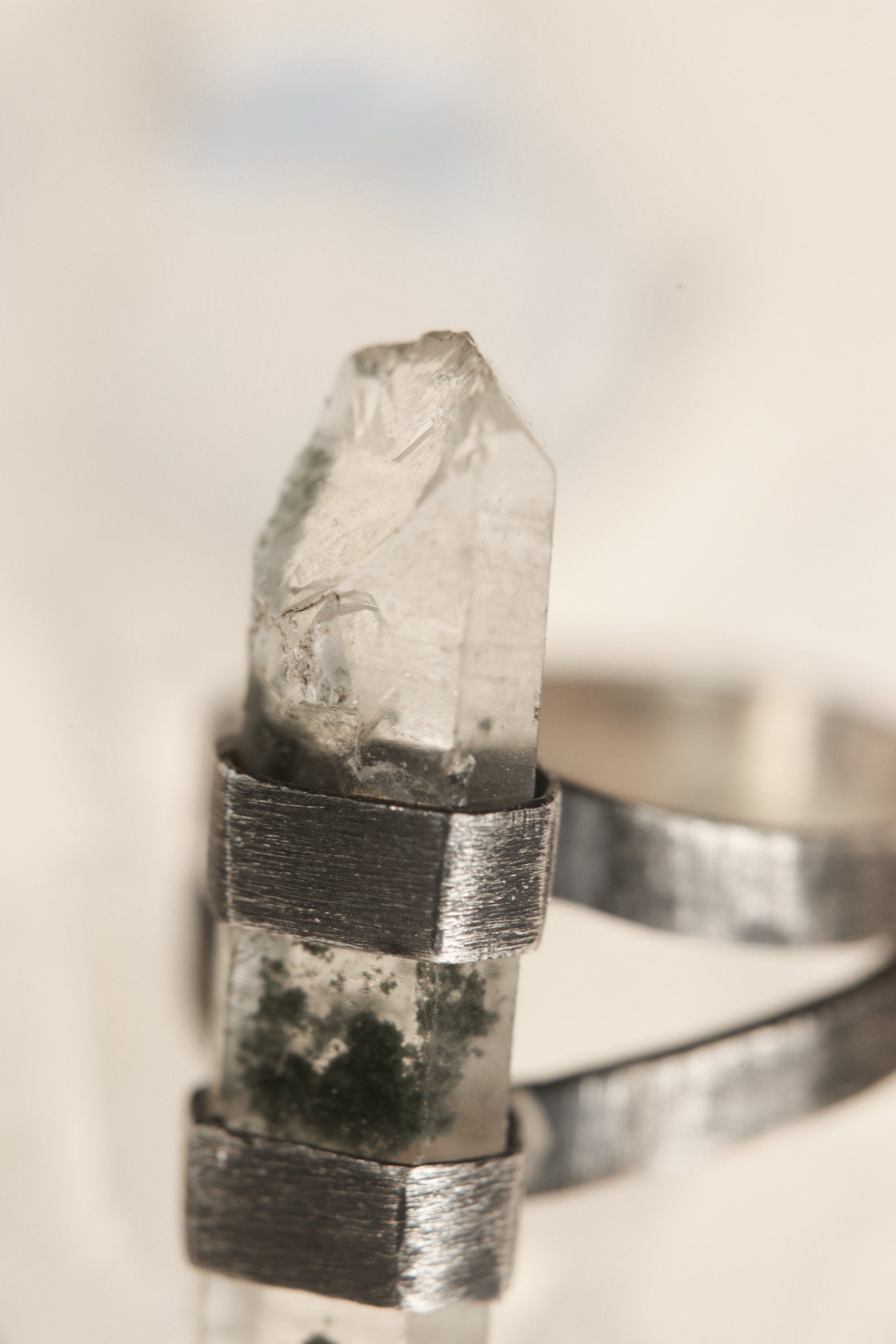 Textured & Oxidized Sterling Silver Ring with Himalayan Chlorite Inclusion Quartz, Size 6 3/4 US, Heart Chakra, Capricorn Zodiac, Healing