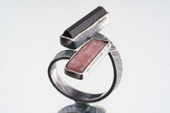 Yin and Yang Harmony - Black Tourmaline and Rhodochrosite - Unisex - Size 4-10 US - Large Adjustable Sterling Silver Ring