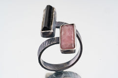 Yin and Yang Harmony - Black Tourmaline and Rhodochrosite - Unisex - Size 4-10 US - Large Adjustable Sterling Silver Ring