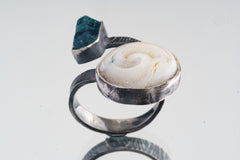 Terminated Gem Apatite and Crystallized Shell - Unisex - Size 4-10 US - Large Adjustable Sterling Silver Ring