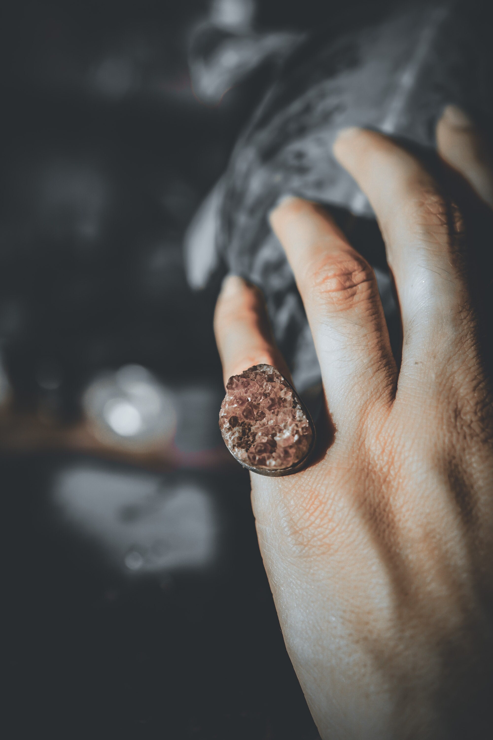 Purple Majesty: Textured & Oxidised Sterling Silver Ring with Raw Natural Amethyst Cluster - Size 4 3/4 US - NO/01