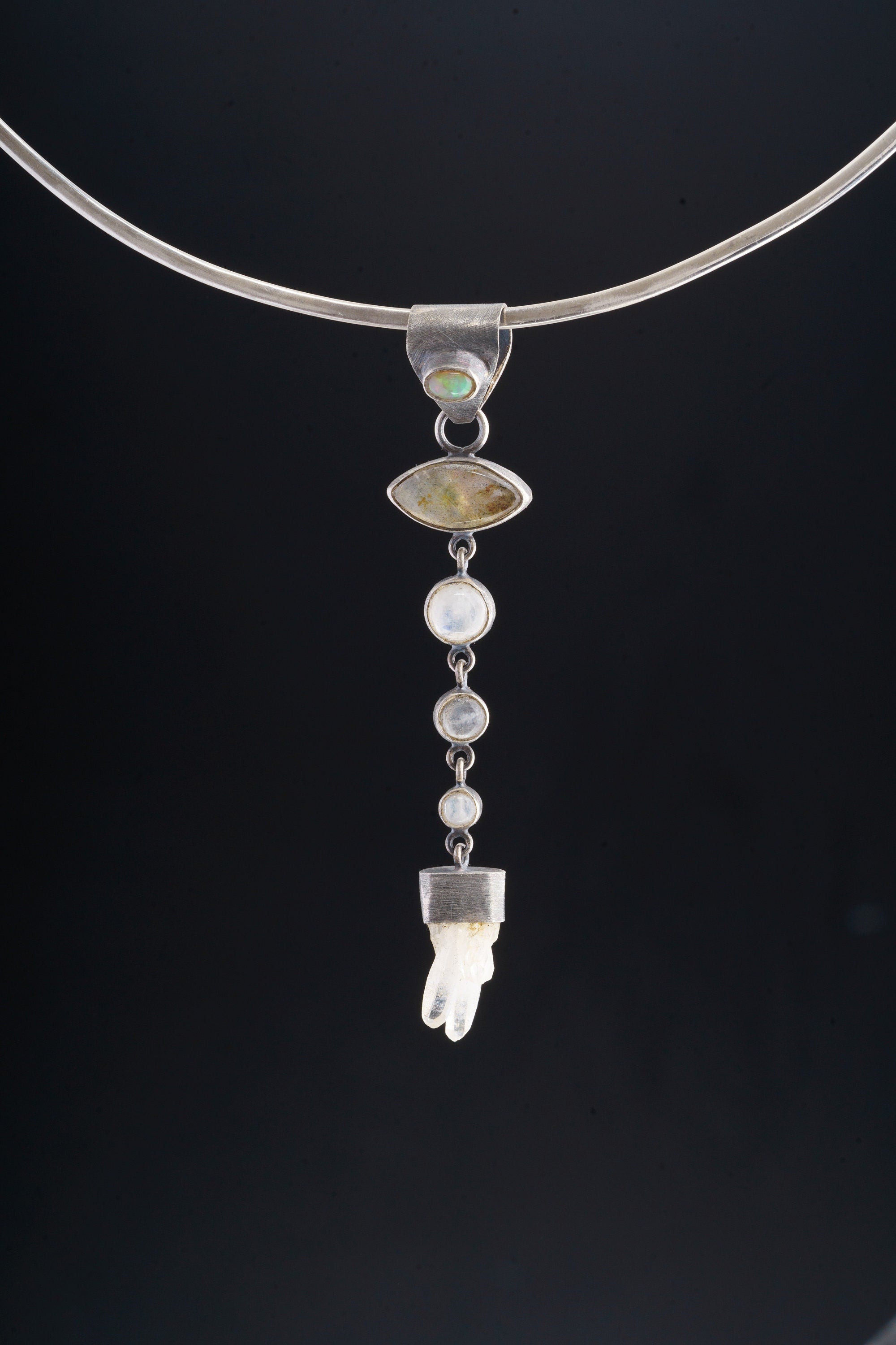 Celestial Dance: Ethiopian Opal, Eye-Shaped Labradorite, Blue Moonstones, and Capped Beautiful Clear Quartz - Sterling Silver Pendant