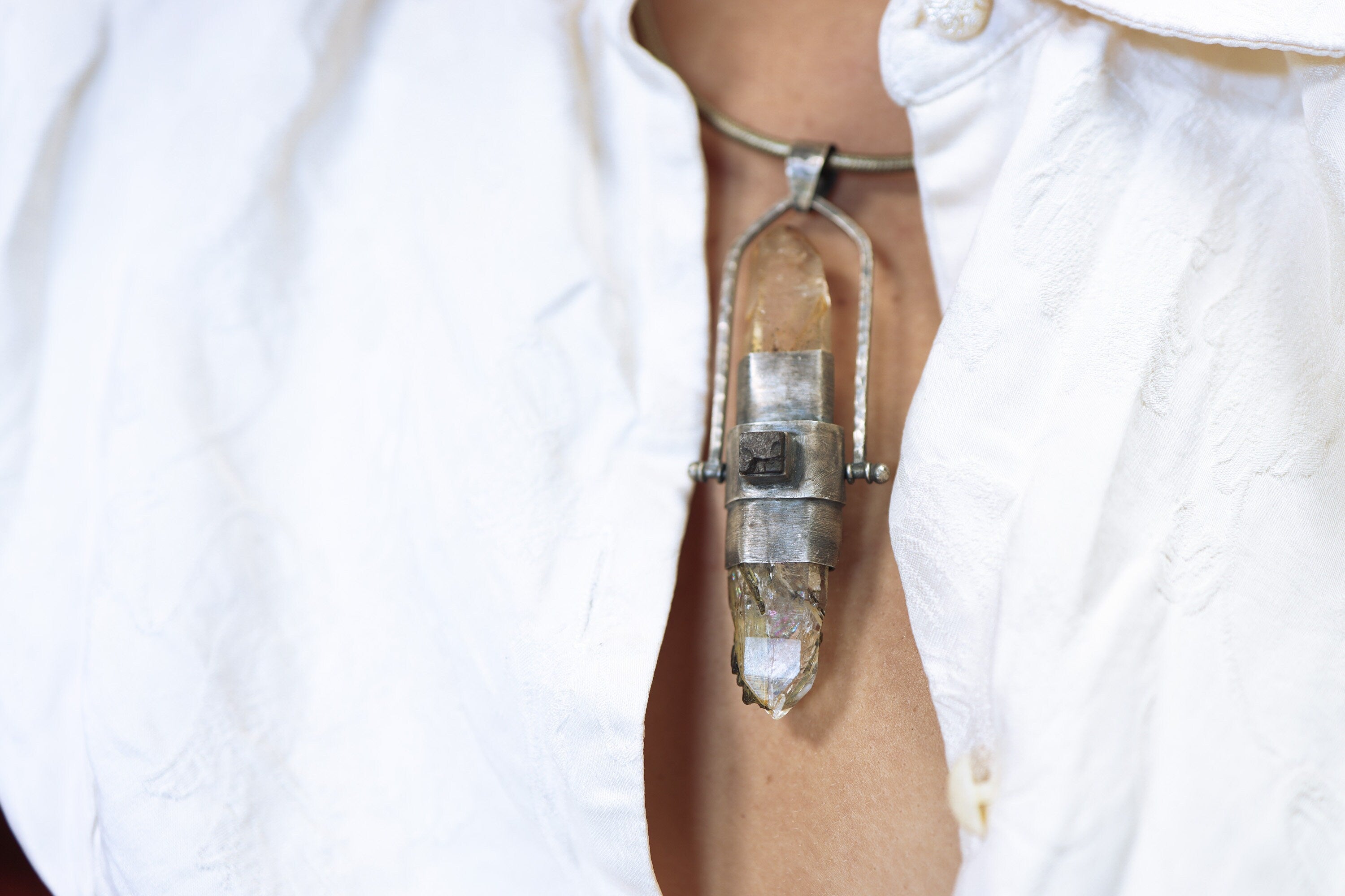 Australian Lithium Quartz, Clear Green Inclusion Quartz, Black Pyrite & Peridot Spinning Pendant, Sterling Silver