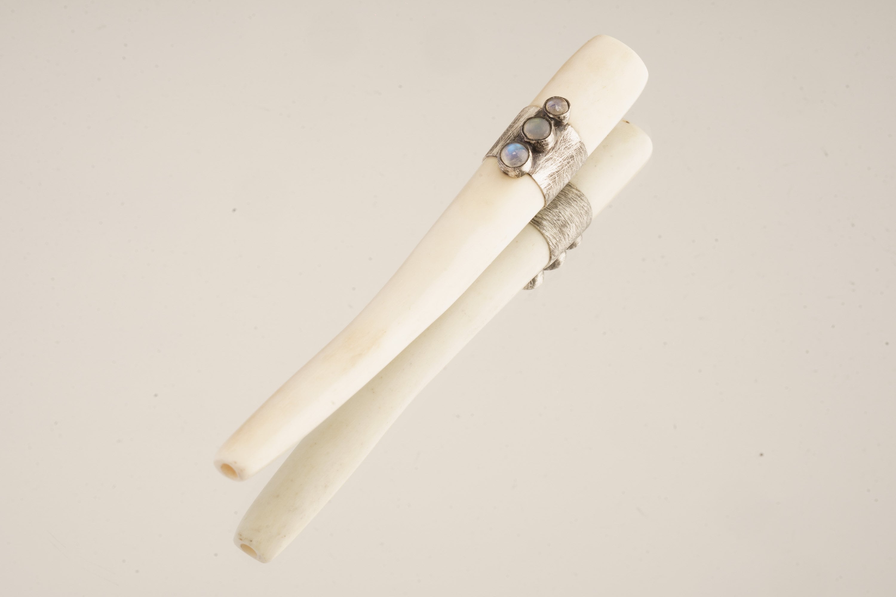 Mystic Harmony: Three Circular Blue Moonstones - Antique Bone Inhalation Tube